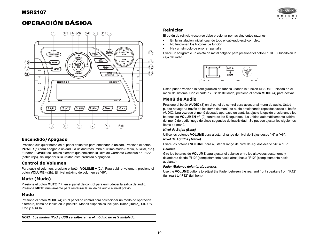 Msr2107, Operación básica | Jensen MSR2107 User Manual | Page 21 / 44