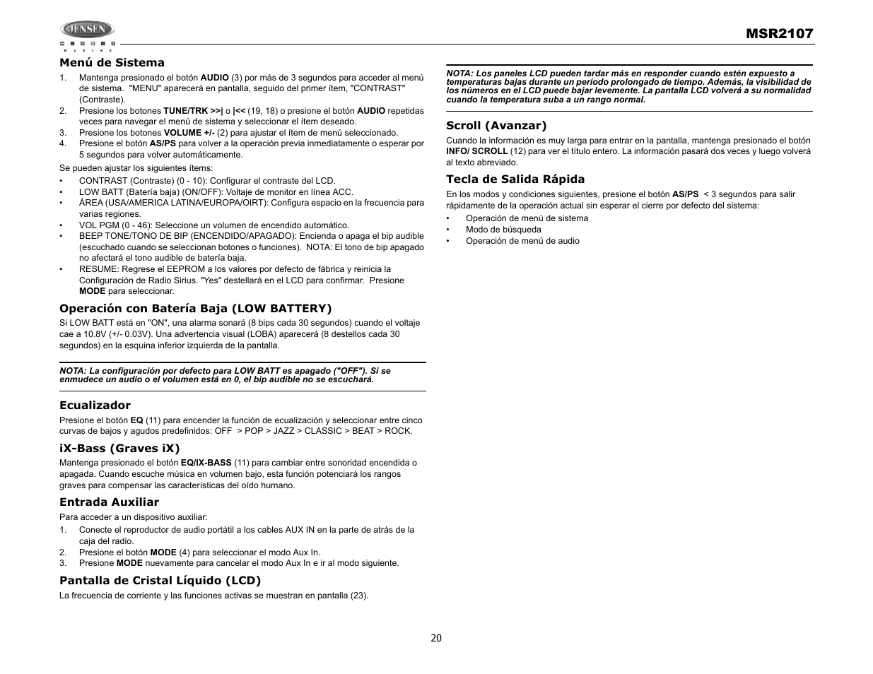 Msr2107 | Jensen MSR2107 User Manual | Page 22 / 44