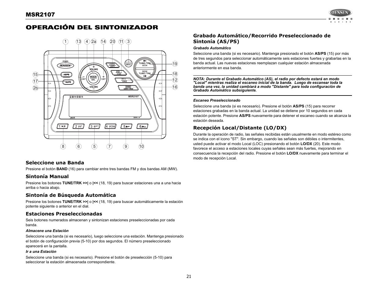Msr2107, Operación del sintonizador | Jensen MSR2107 User Manual | Page 23 / 44