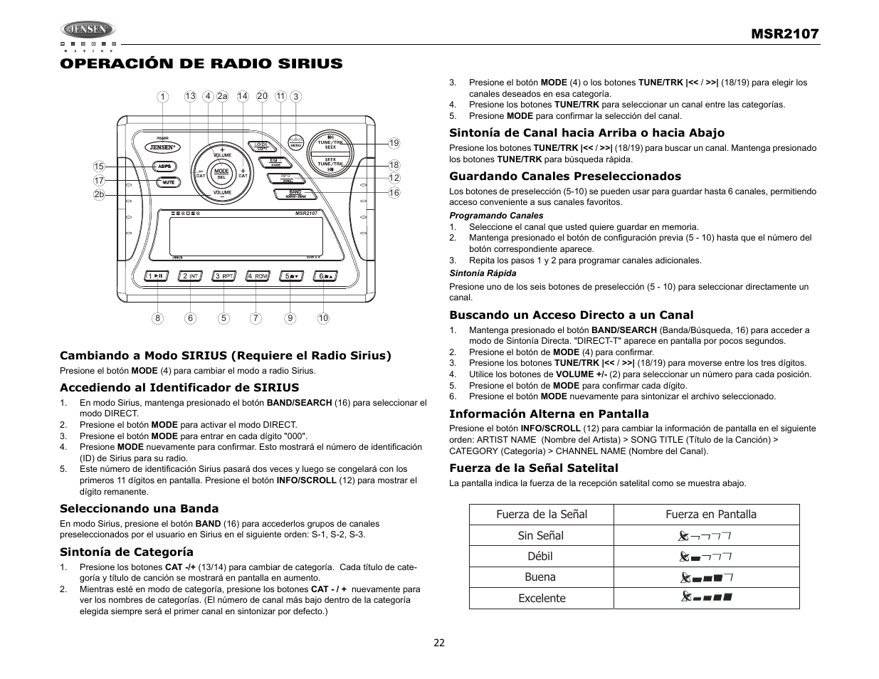 Msr2107, Operación de radio sirius | Jensen MSR2107 User Manual | Page 24 / 44