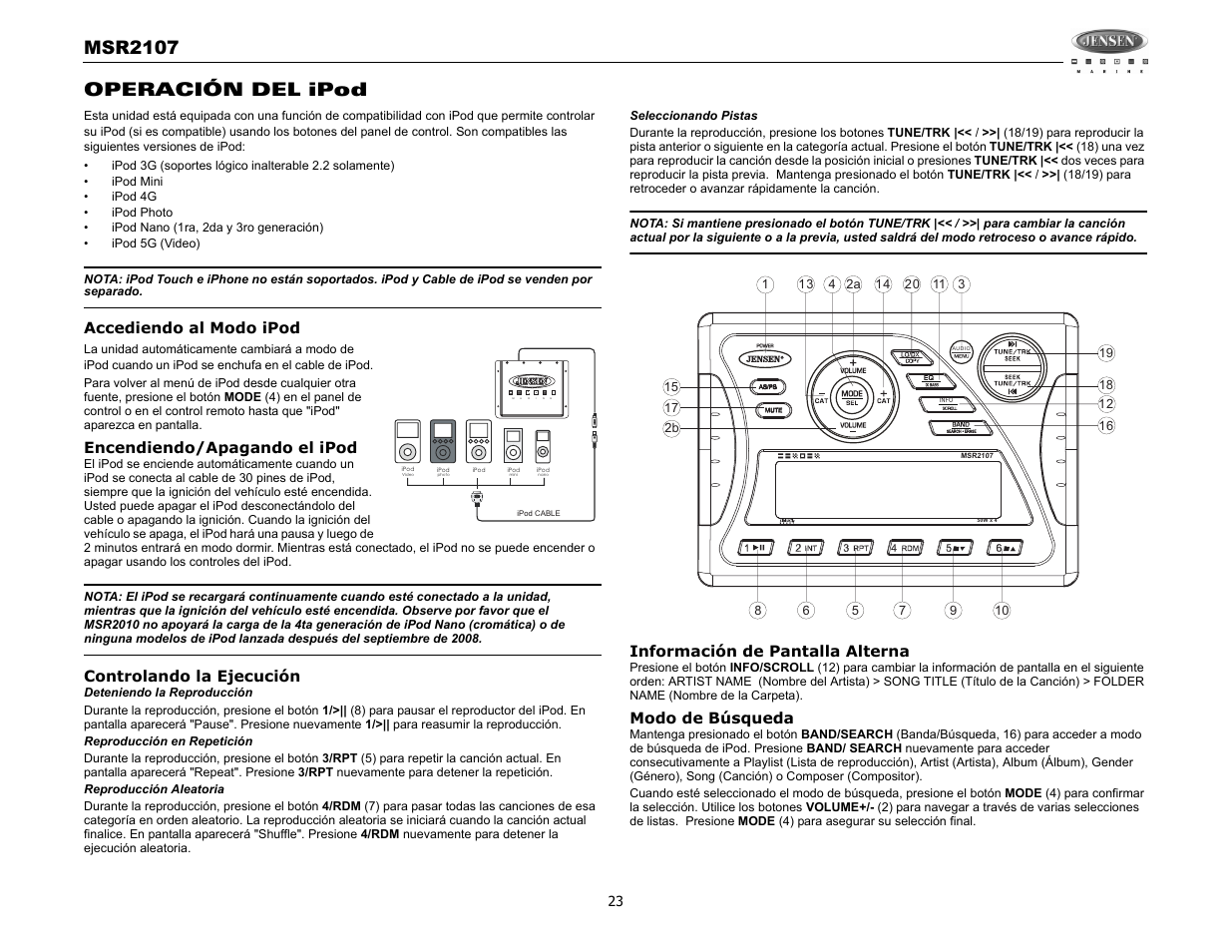 Msr2107, Operación del ipod | Jensen MSR2107 User Manual | Page 25 / 44