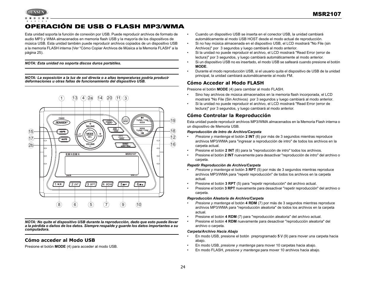 Msr2107, Operación de usb o flash mp3/wma | Jensen MSR2107 User Manual | Page 26 / 44