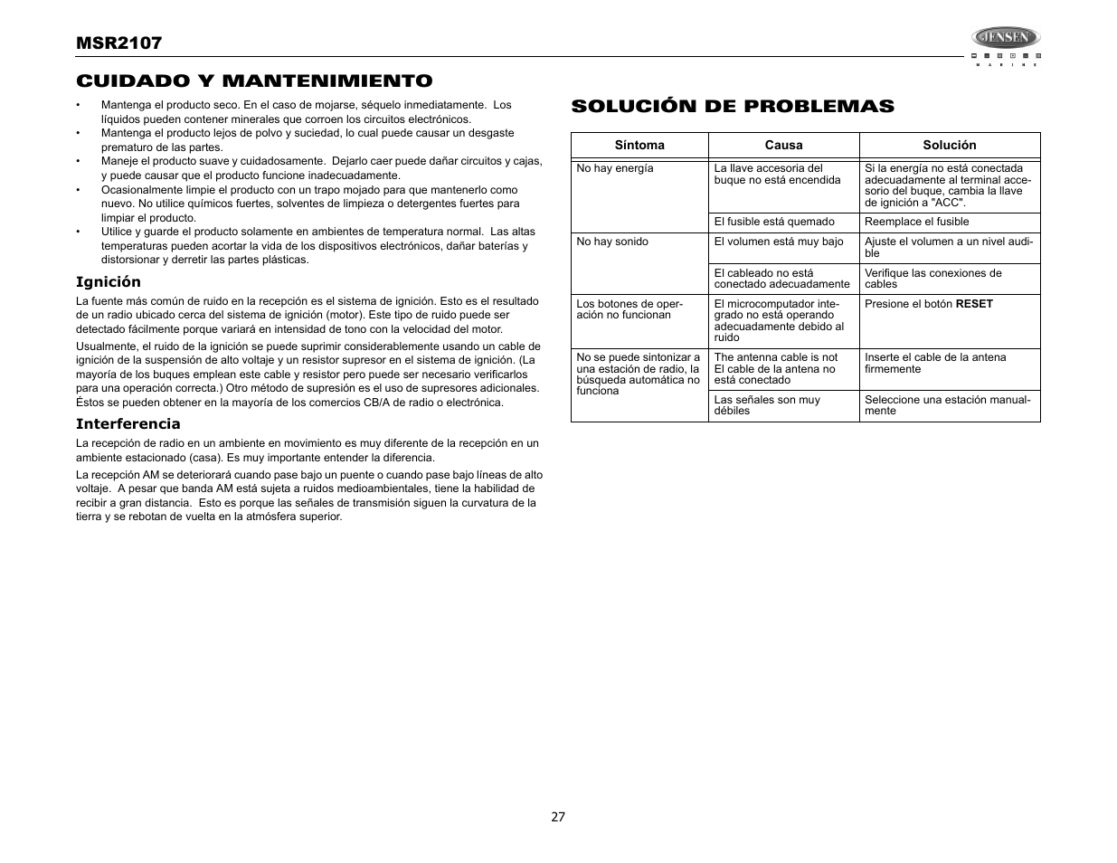 Msr2107, Cuidado y mantenimiento, Solución de problemas | Jensen MSR2107 User Manual | Page 29 / 44