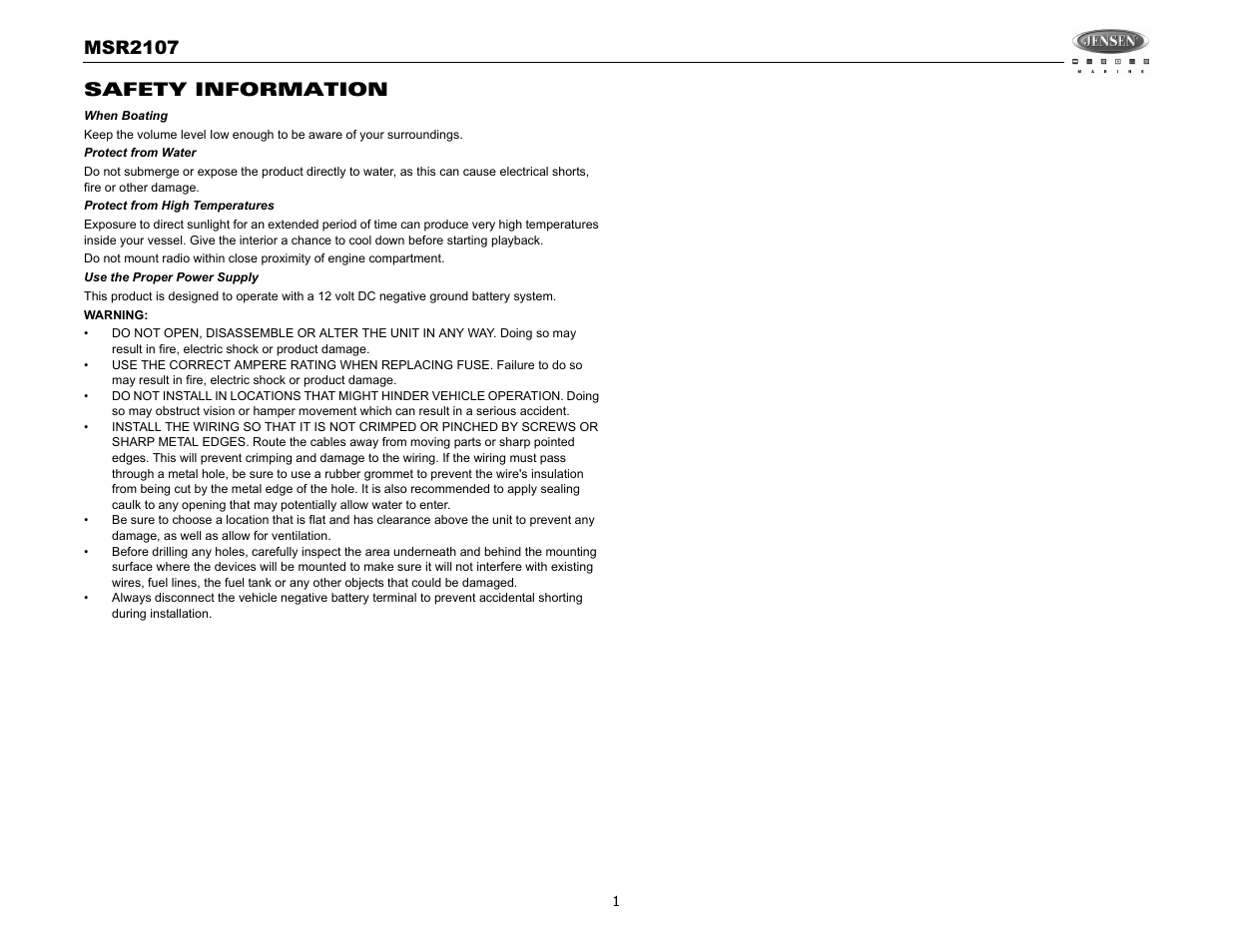 Msr2107, Safety information | Jensen MSR2107 User Manual | Page 3 / 44