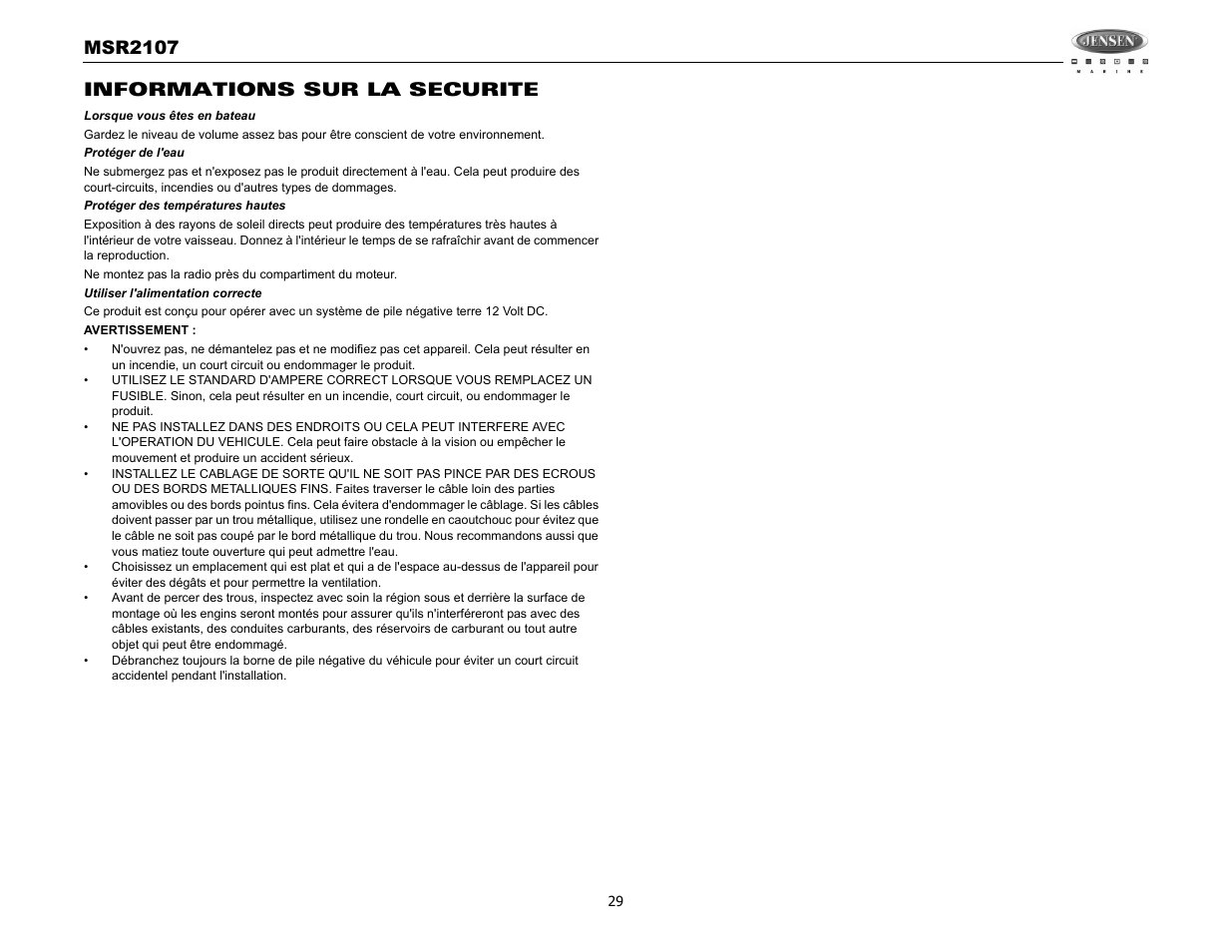 Msr2107, Informations sur la securite | Jensen MSR2107 User Manual | Page 31 / 44