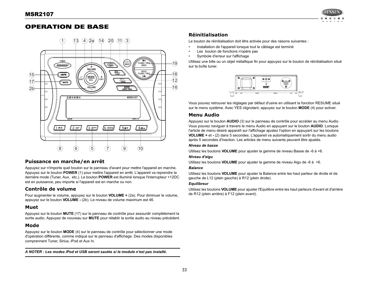 Msr2107, Operation de base | Jensen MSR2107 User Manual | Page 35 / 44