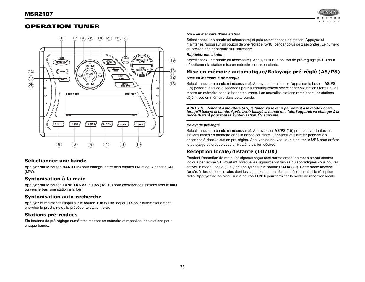 Msr2107, Operation tuner | Jensen MSR2107 User Manual | Page 37 / 44