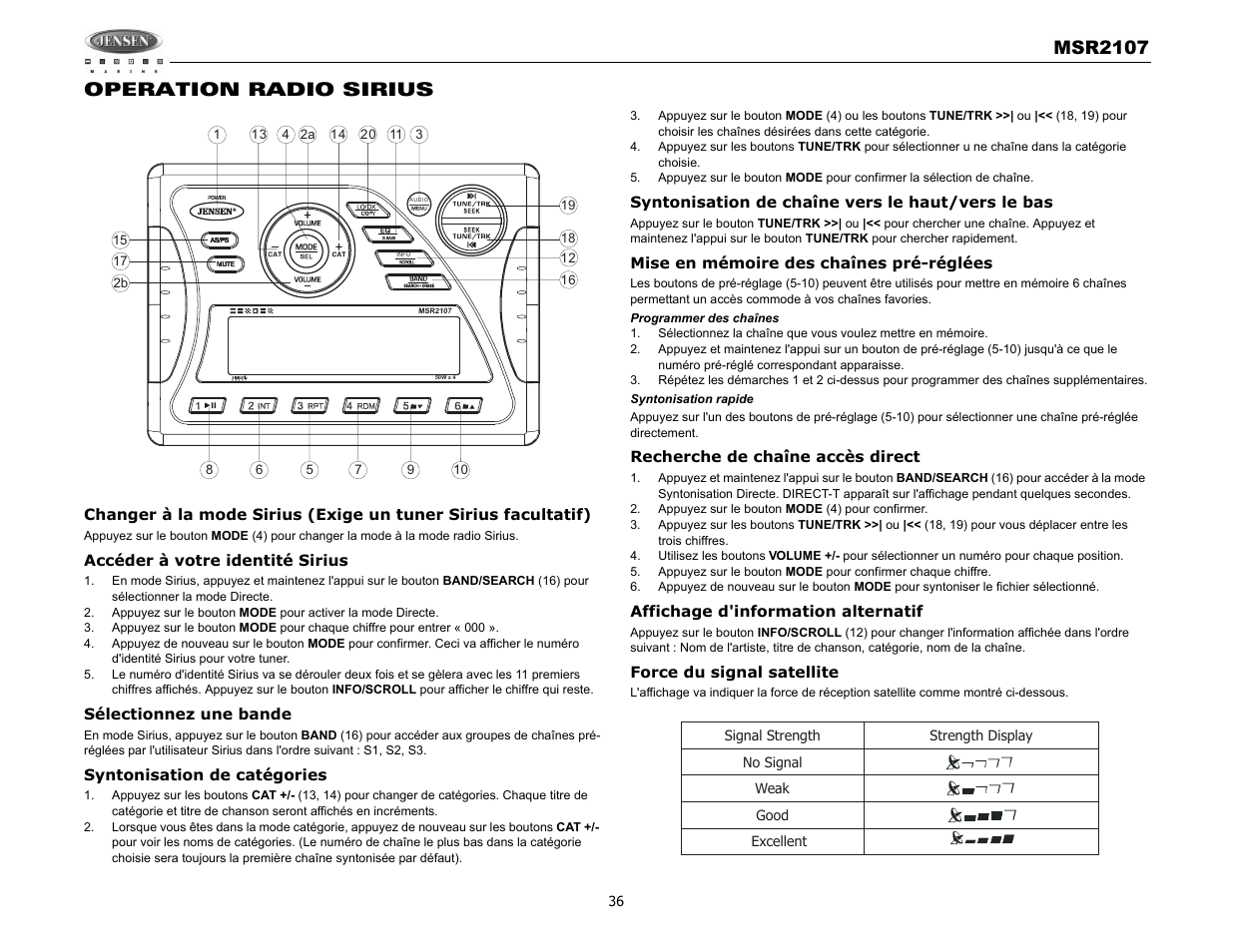 Msr2107, Operation radio sirius | Jensen MSR2107 User Manual | Page 38 / 44