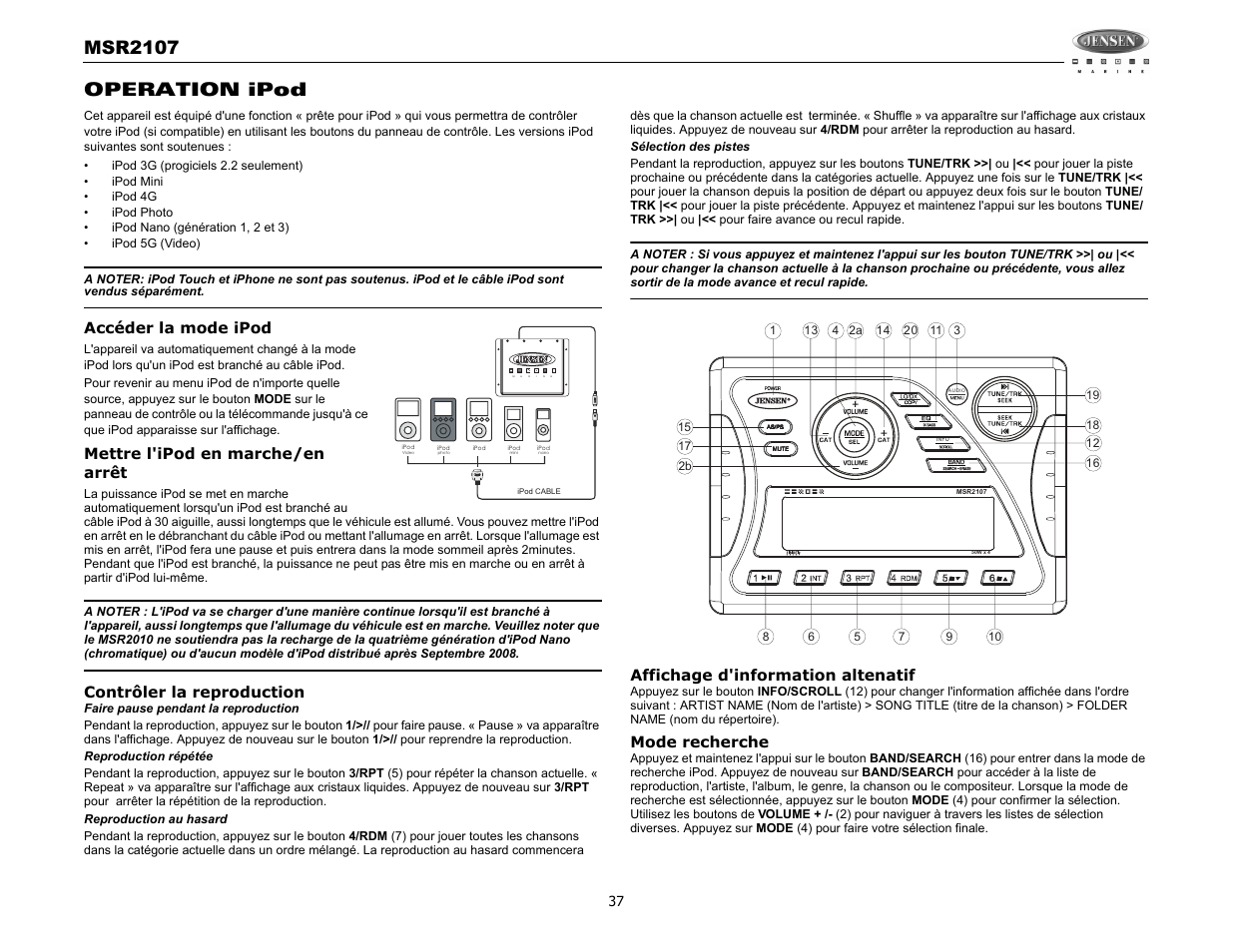 Msr2107, Operation ipod | Jensen MSR2107 User Manual | Page 39 / 44