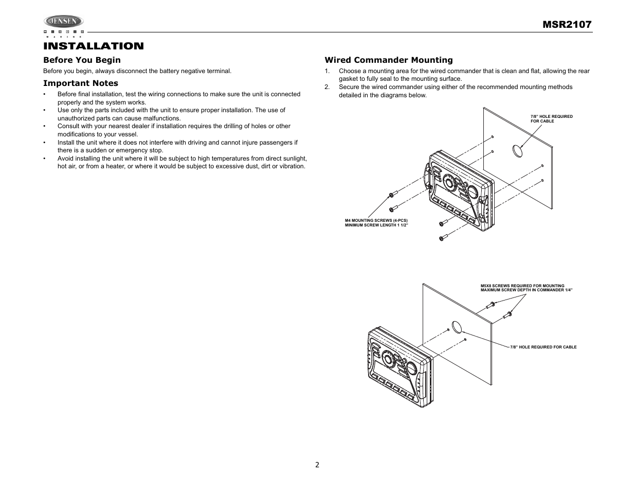 Msr2107, Installation | Jensen MSR2107 User Manual | Page 4 / 44