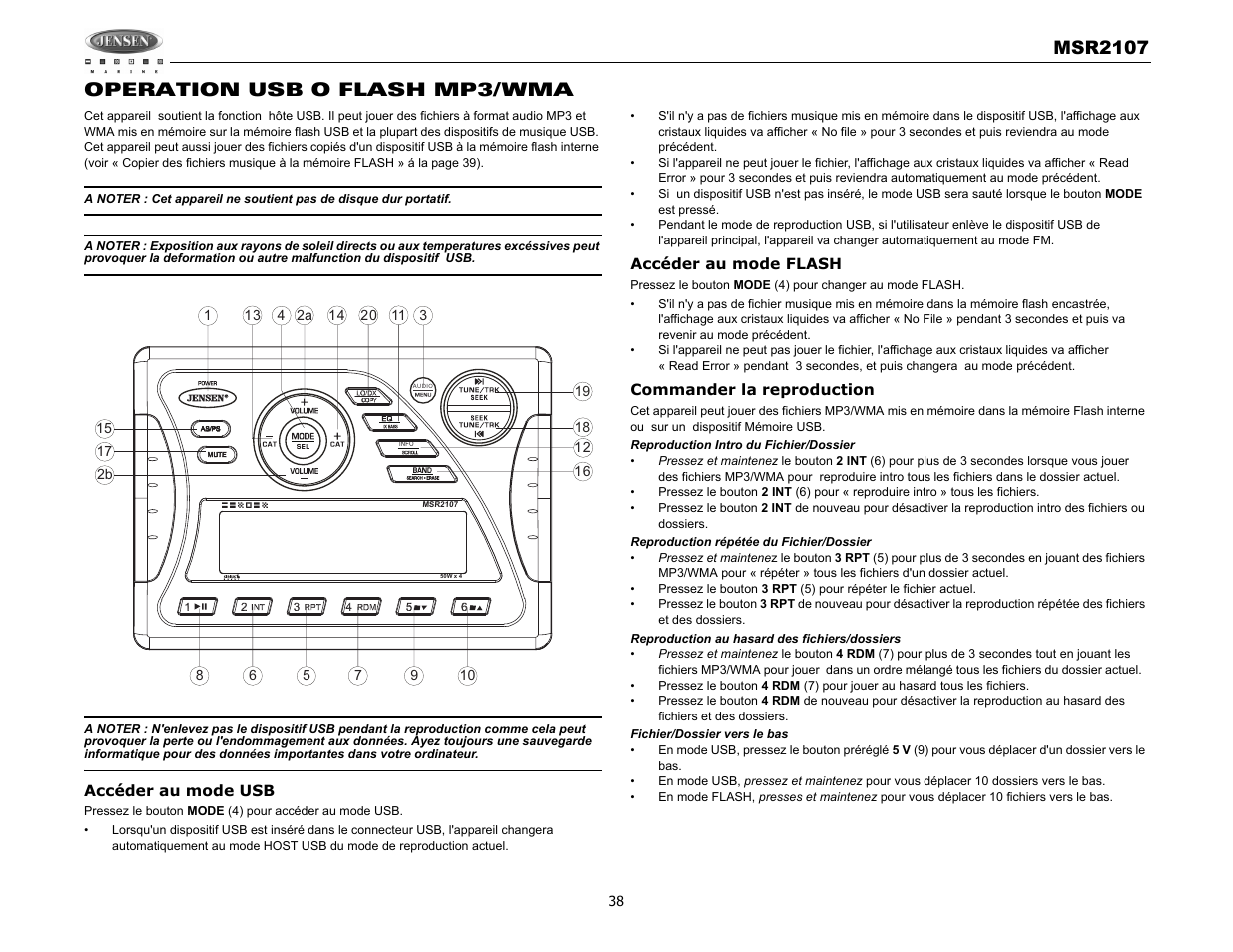 Msr2107, Operation usb o flash mp3/wma | Jensen MSR2107 User Manual | Page 40 / 44