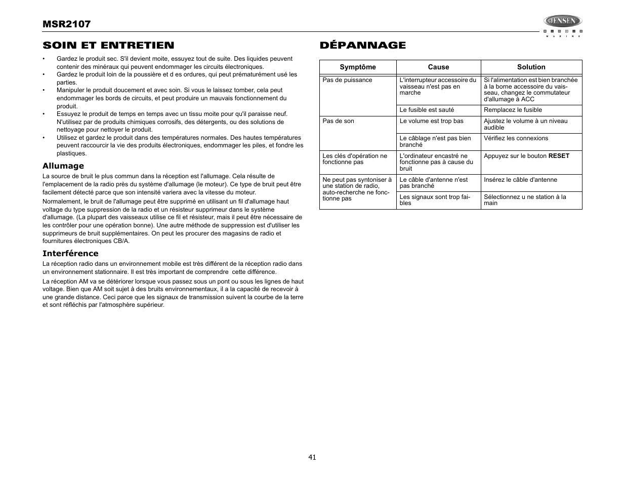 Msr2107, Soin et entretien, Dépannage | Jensen MSR2107 User Manual | Page 43 / 44