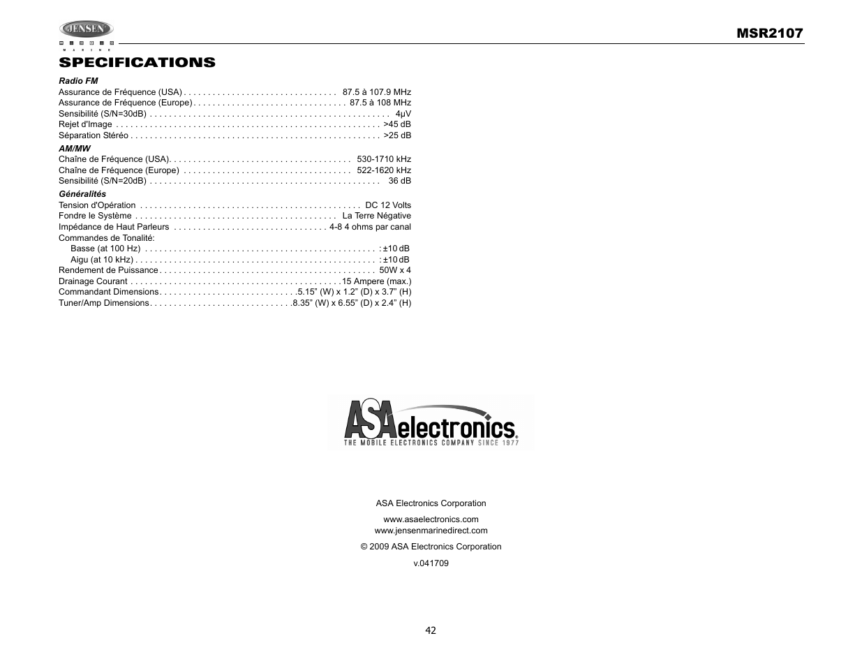 Msr2107, Specifications | Jensen MSR2107 User Manual | Page 44 / 44