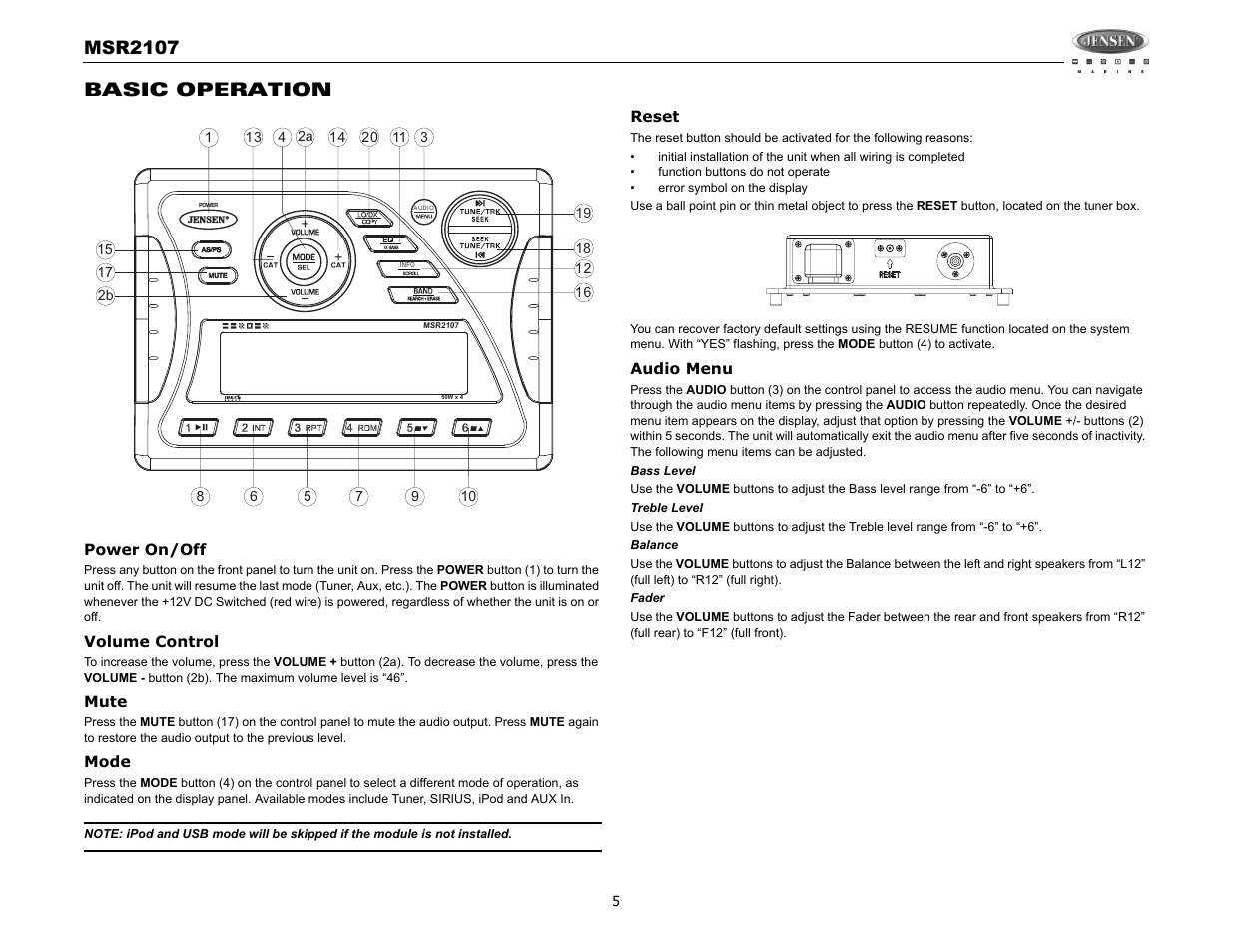 Msr2107, Basic operation | Jensen MSR2107 User Manual | Page 7 / 44