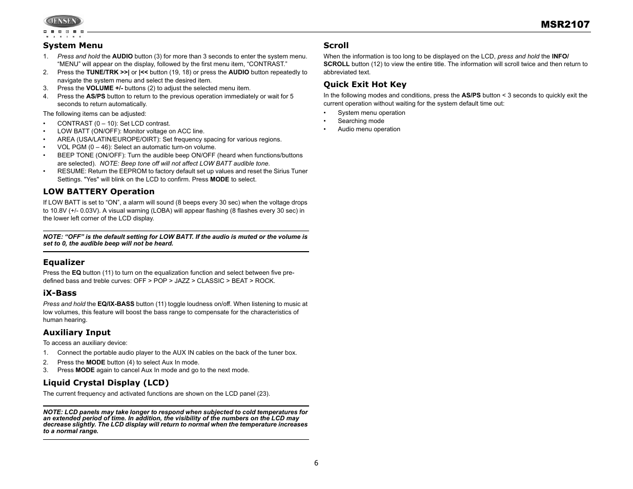 Msr2107 | Jensen MSR2107 User Manual | Page 8 / 44