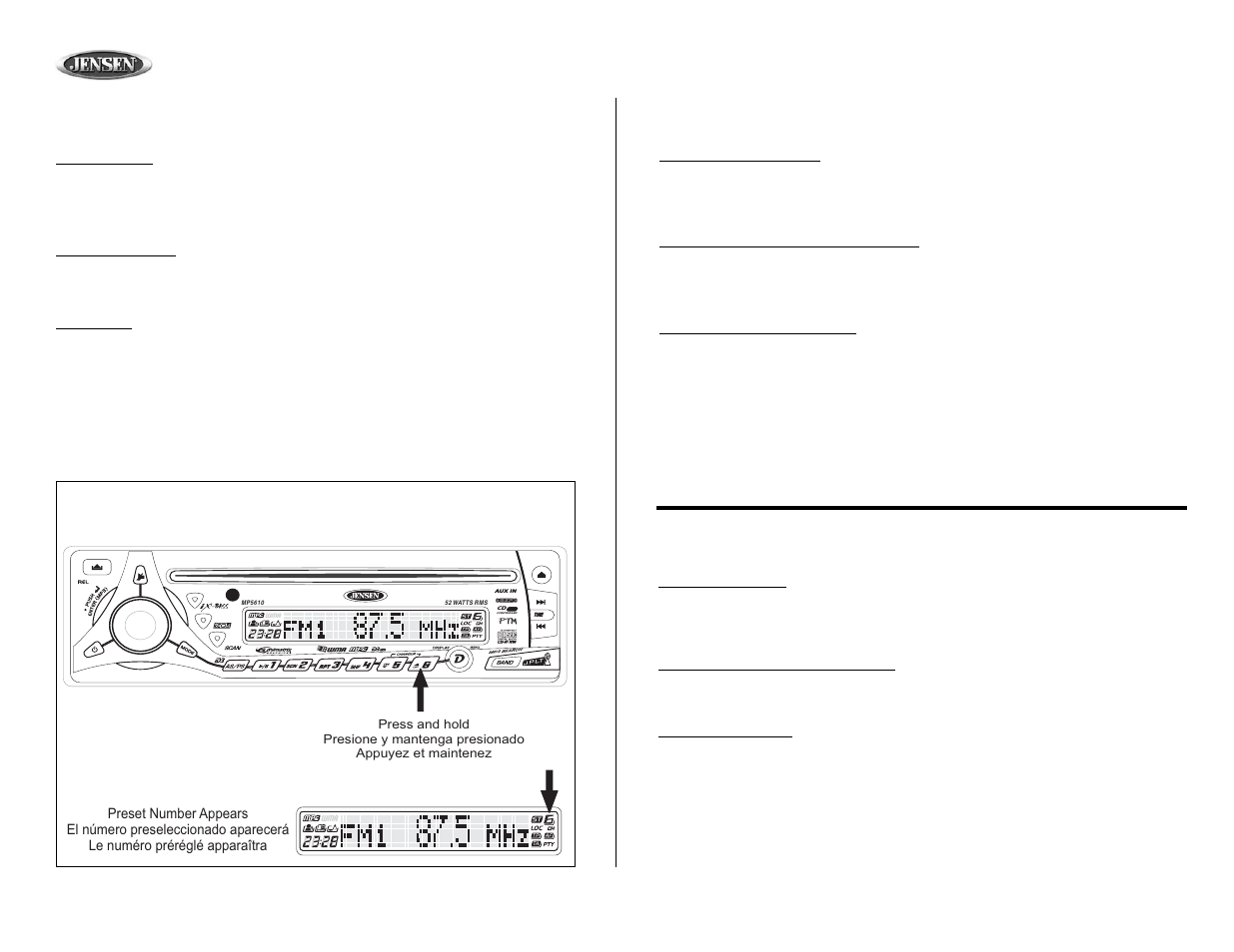 Mp5610, Tuner operation (continued), Operación de la radio (continuado) | Fonctionnement de la radio (continué) | Jensen MP5610 User Manual | Page 14 / 25