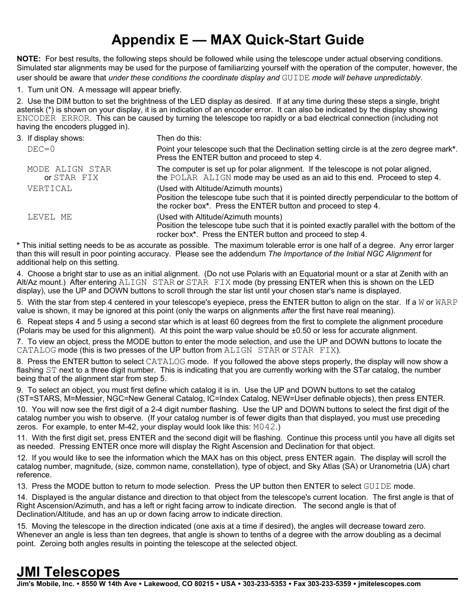 Jmi telescopes, Appendix e — max quick-start guide, Guide | Encoder error, Dec=0, Mode align star, Star fix, Polar align, Vertical, Level me | JMI Telescopes MAX Computer User Manual | Page 16 / 16