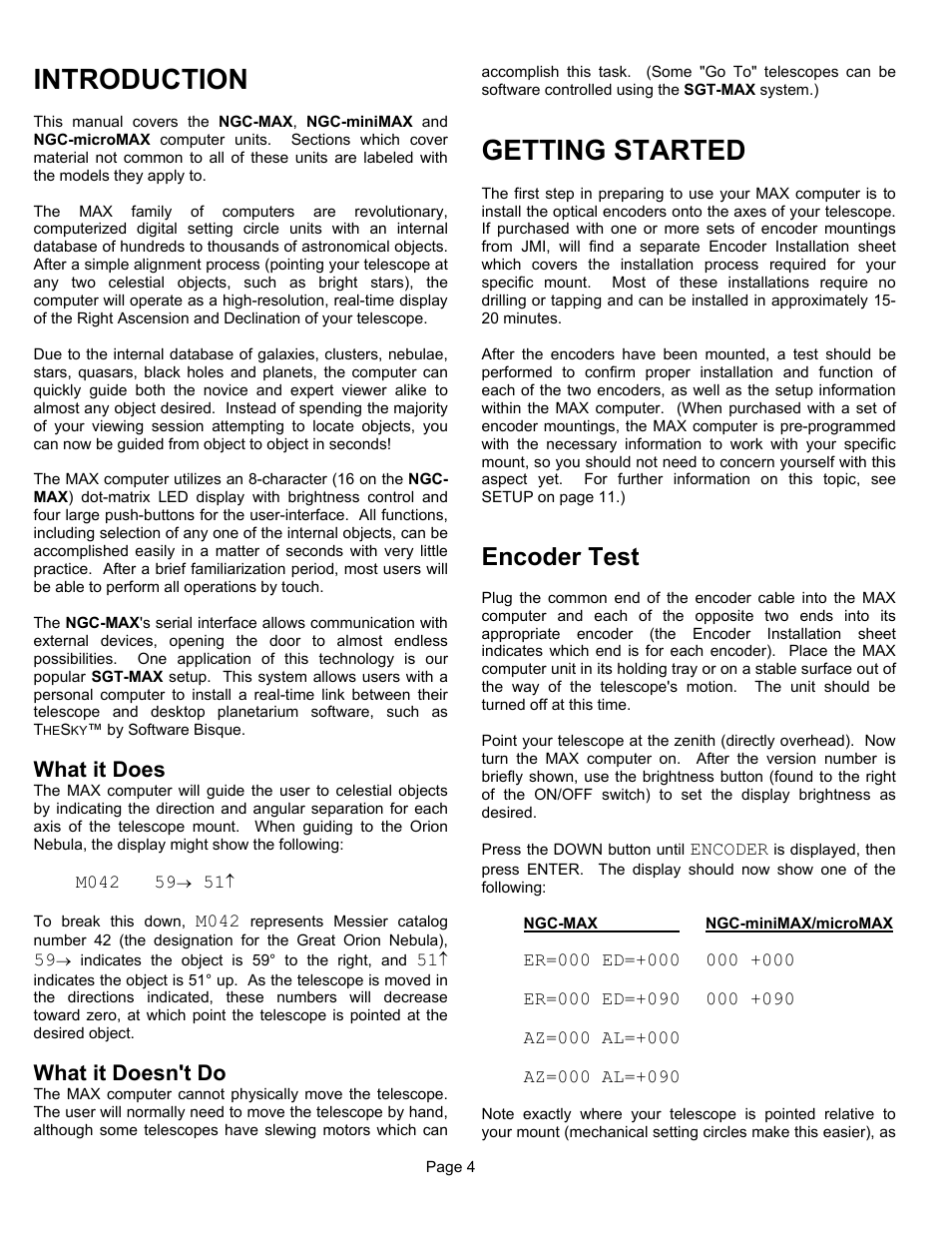 Introduction, Getting started, Encoder test | What it does, What it doesn't do | JMI Telescopes MAX Computer User Manual | Page 4 / 16