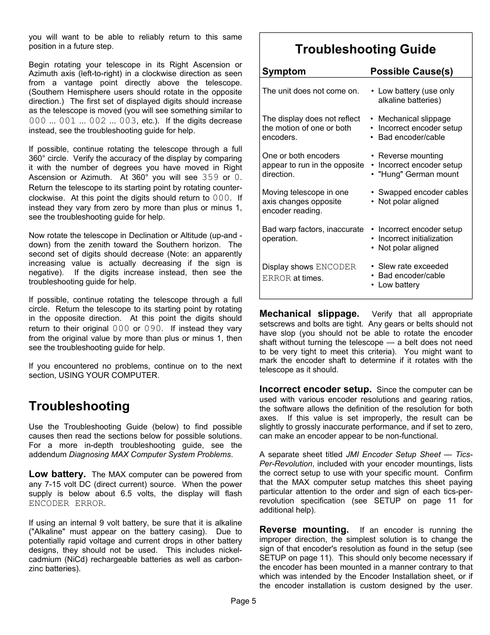 Troubleshooting, Troubleshooting guide | JMI Telescopes MAX Computer User Manual | Page 5 / 16