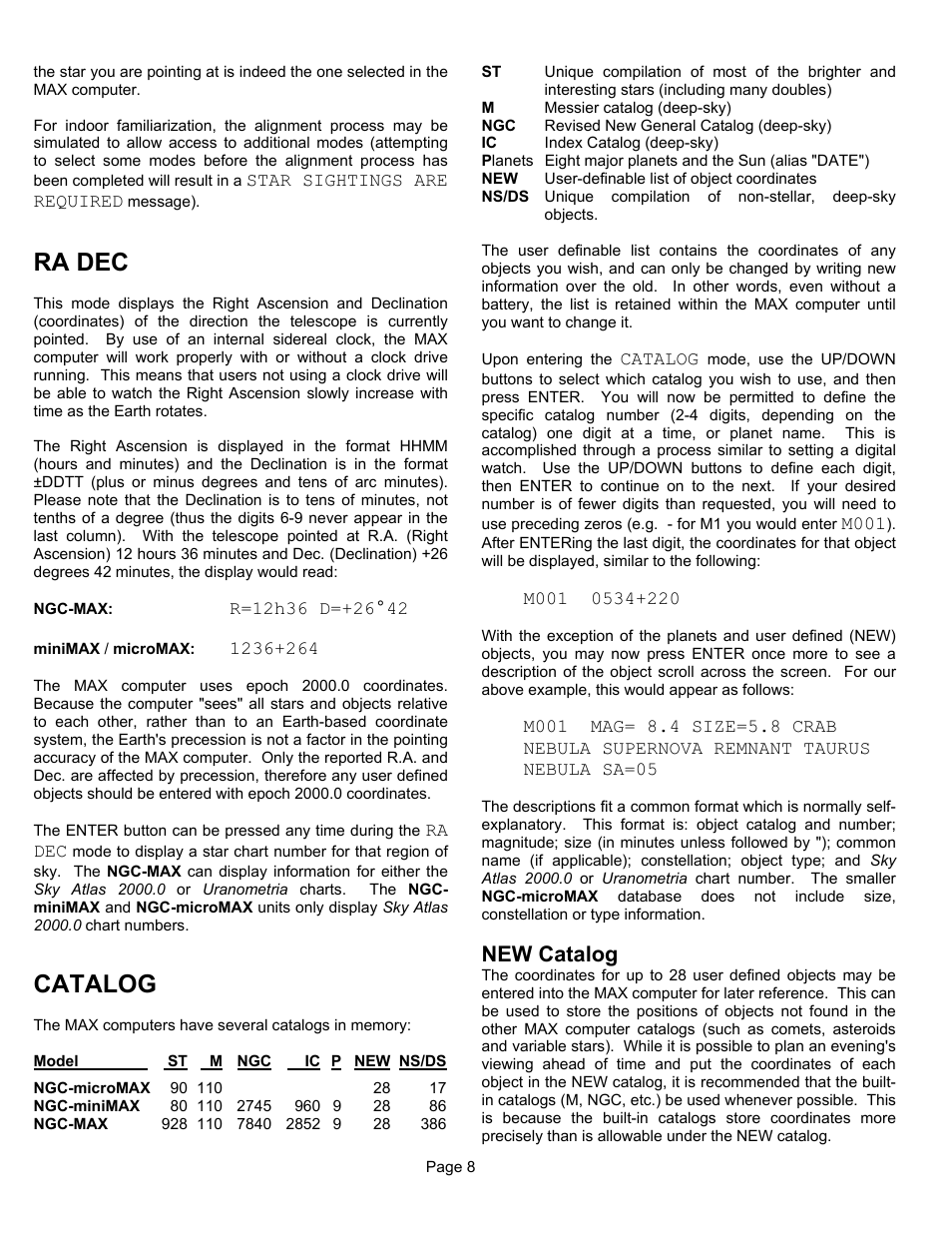 Ra dec, Catalog, New catalog | JMI Telescopes MAX Computer User Manual | Page 8 / 16