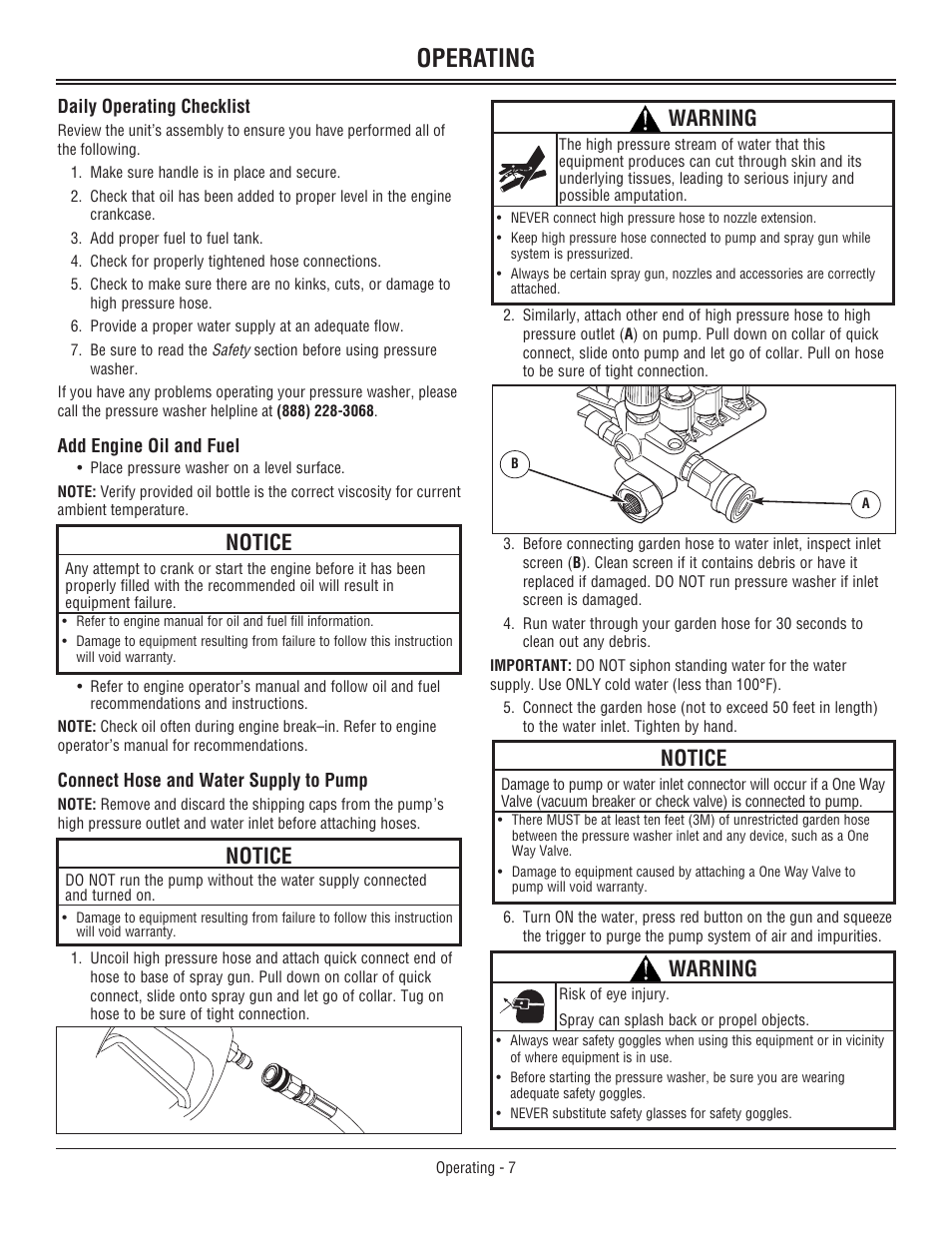 Add engine oil and fuel, Connect hose and water suppl, Operating | Notice, Warning | John Deere 3800 User Manual | Page 11 / 24