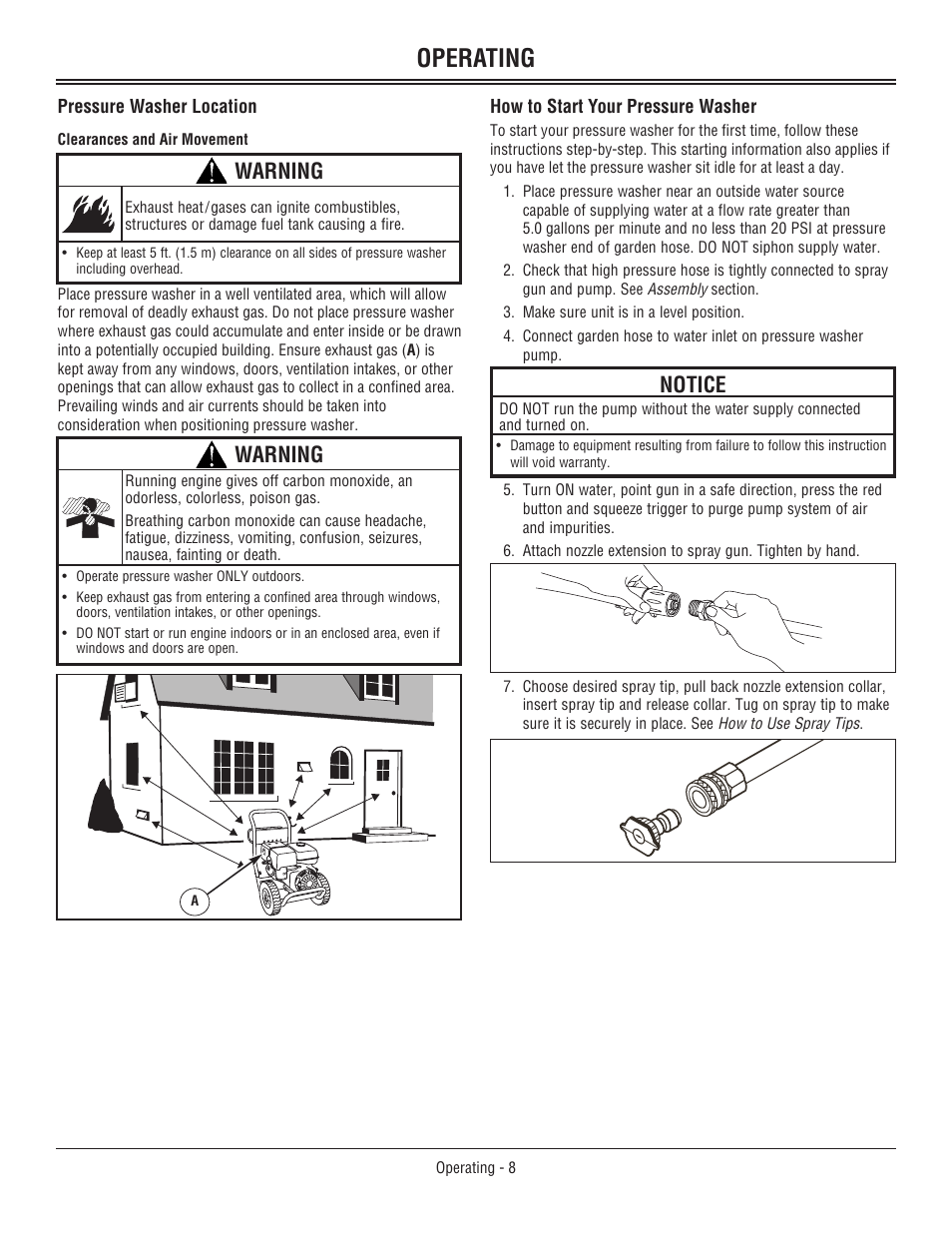 How to start your pressure w, How to start your pressure washer, Operating | Warning, Notice | John Deere 3800 User Manual | Page 12 / 24
