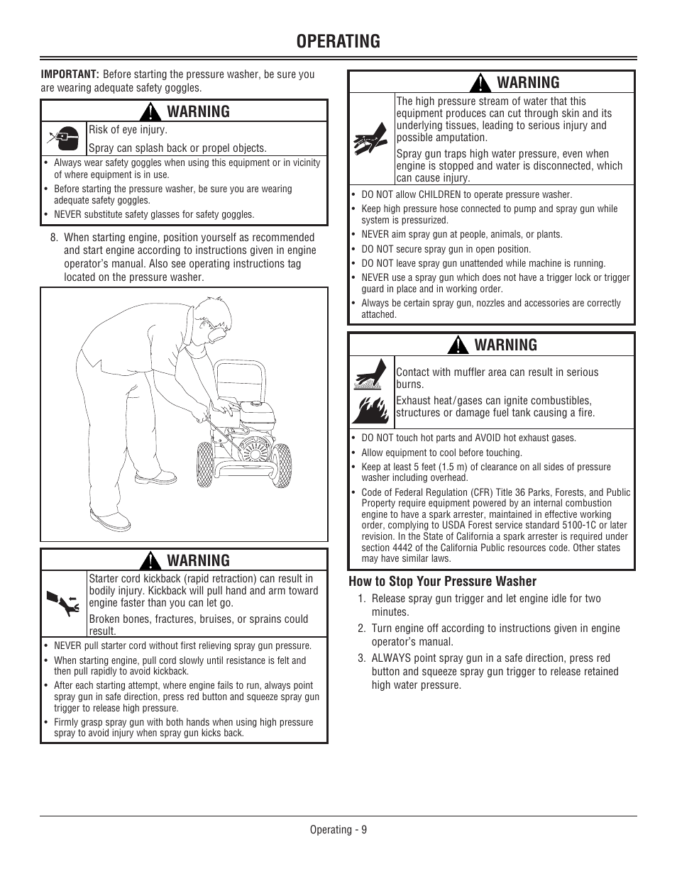 How to stop your pressure wa, How to stop your pressure washer, Operating | Warning | John Deere 3800 User Manual | Page 13 / 24