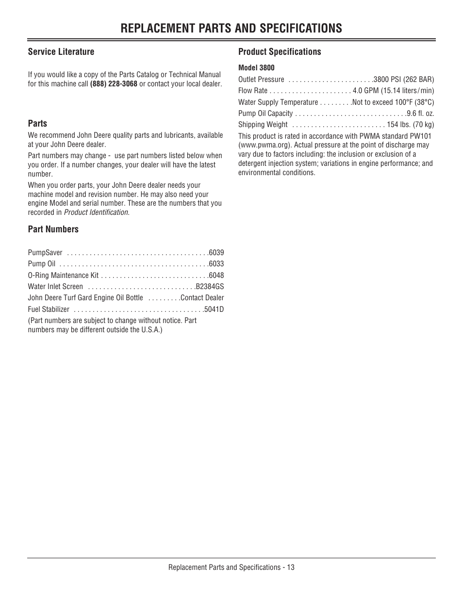 Replacement parts and specif, Service literature, Product specifications | Replacement parts and specifications, Service literature product specifications | John Deere 3800 User Manual | Page 17 / 24