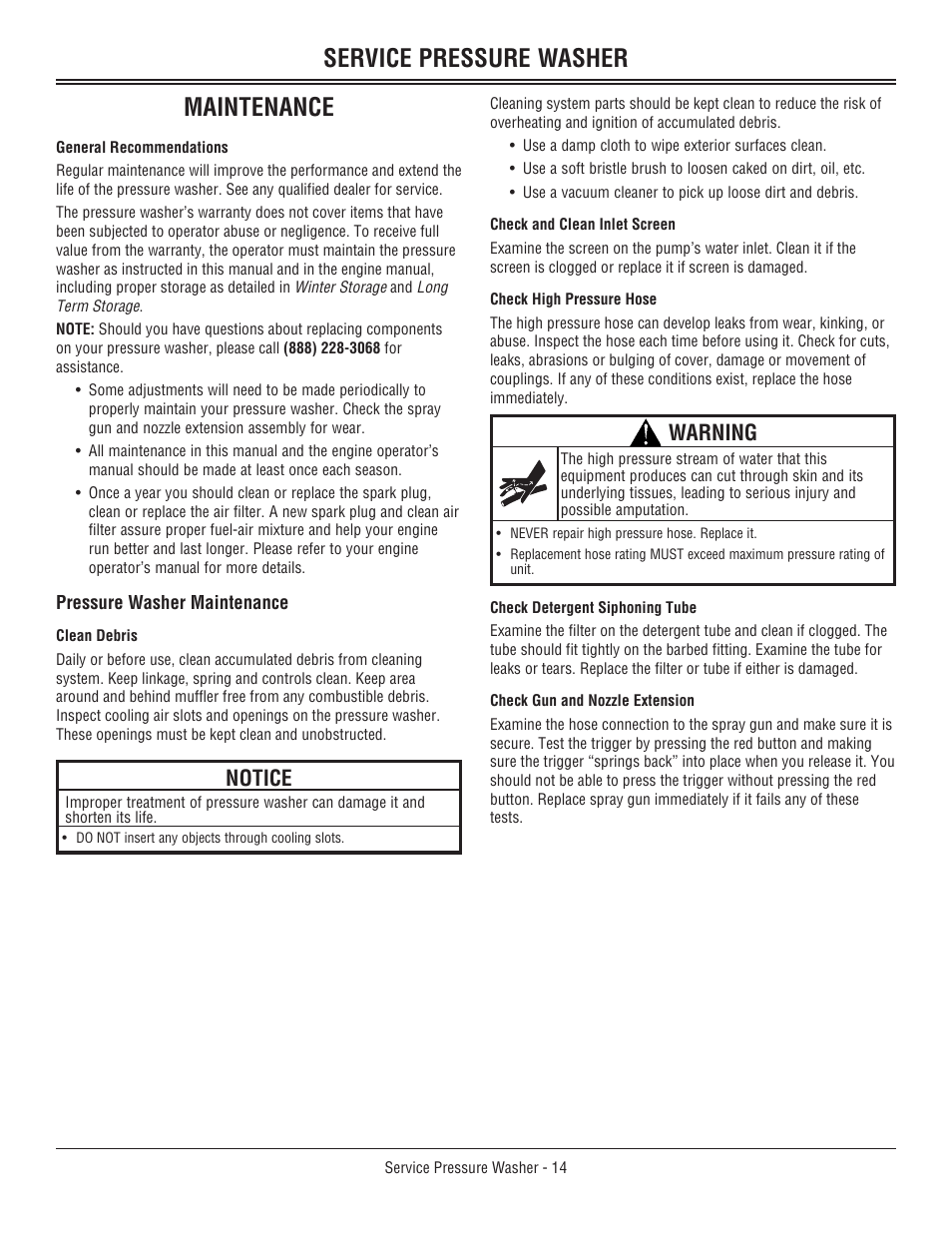 Maintenance, Pressure washer maintenance, Service pressure washer maintenance | Notice, Warning | John Deere 3800 User Manual | Page 18 / 24