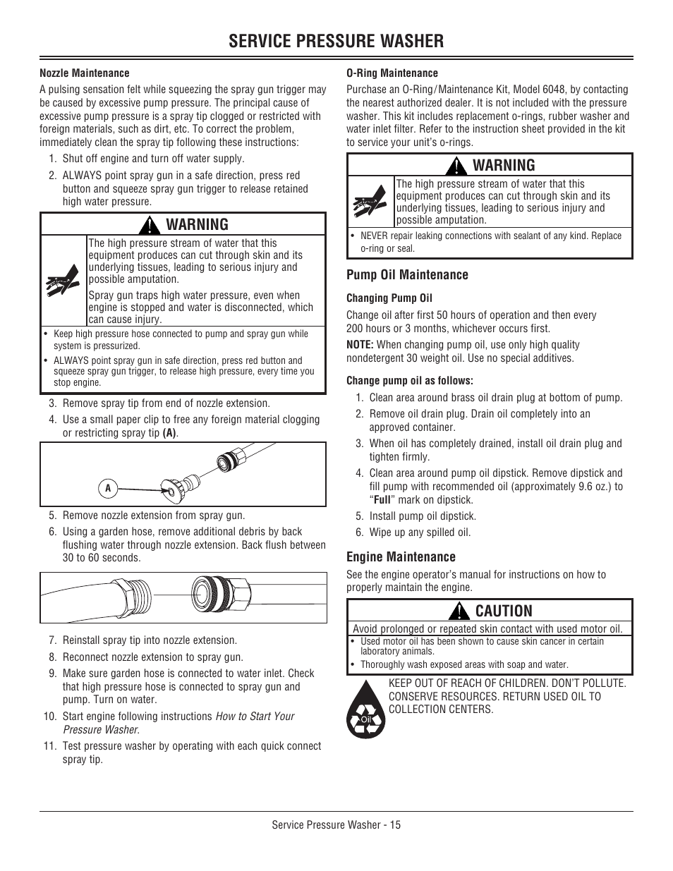 Pump oil maintenance, Engine maintenance, Pump oil maintenance engine maintenance | Service pressure washer, Warning, Caution | John Deere 3800 User Manual | Page 19 / 24