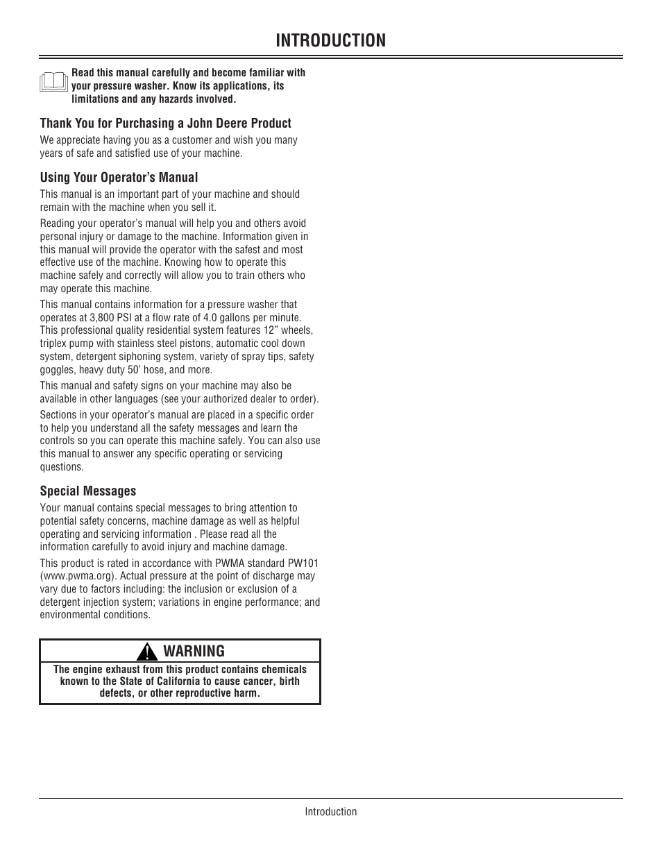 Introduction, Warning | John Deere 3800 User Manual | Page 2 / 24