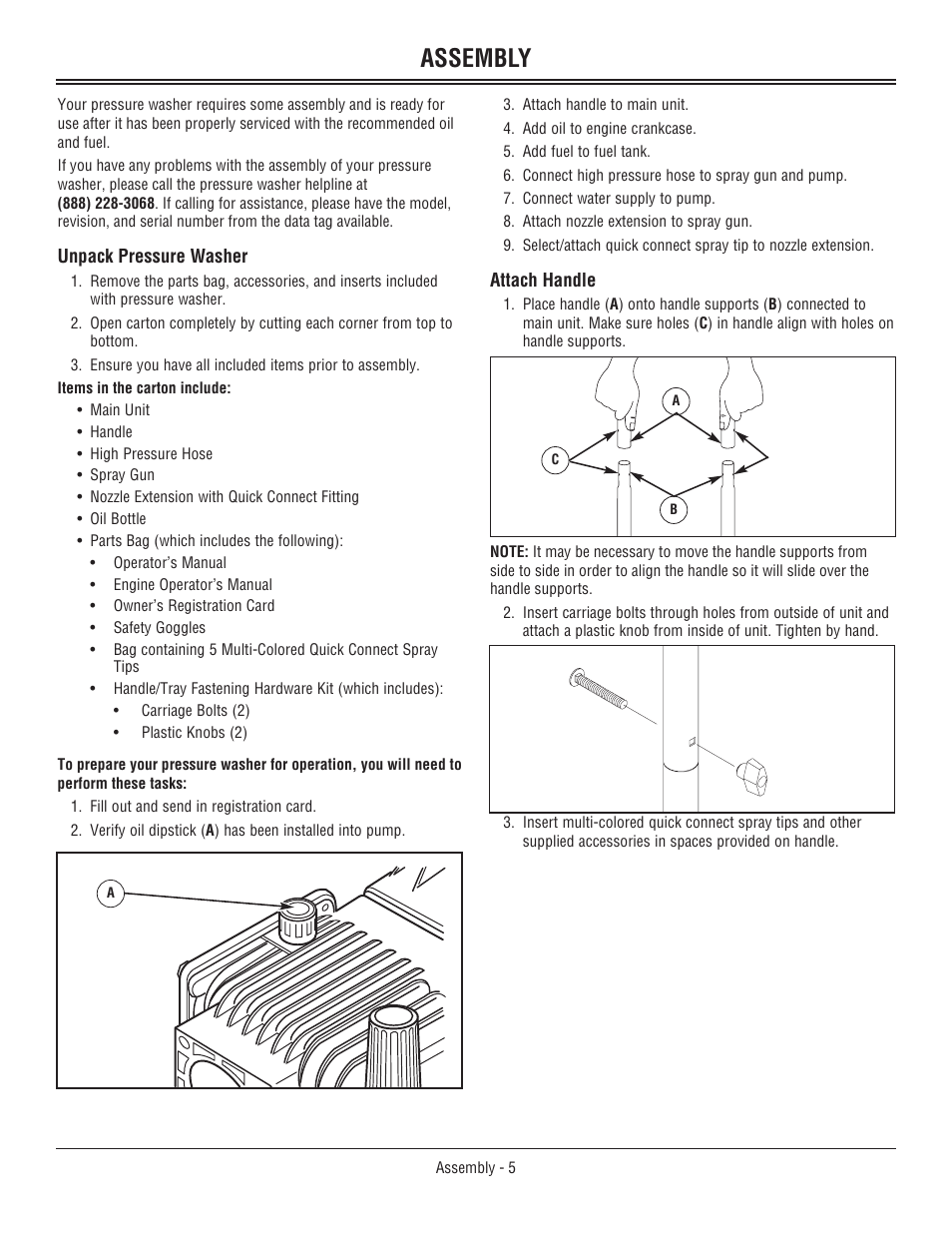 Assembly, Unpack pressure washer, Attach handle | Unpack pressure washer attach handle | John Deere 3800 User Manual | Page 9 / 24