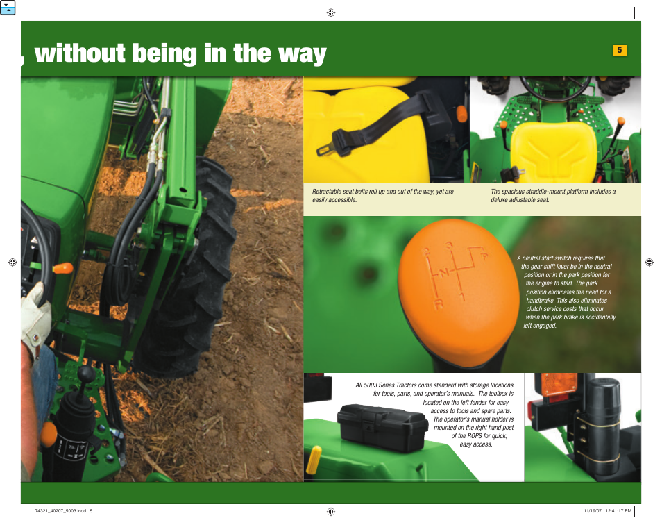 Hheadline goes here, Without being in the way | John Deere 5403 User Manual | Page 5 / 16