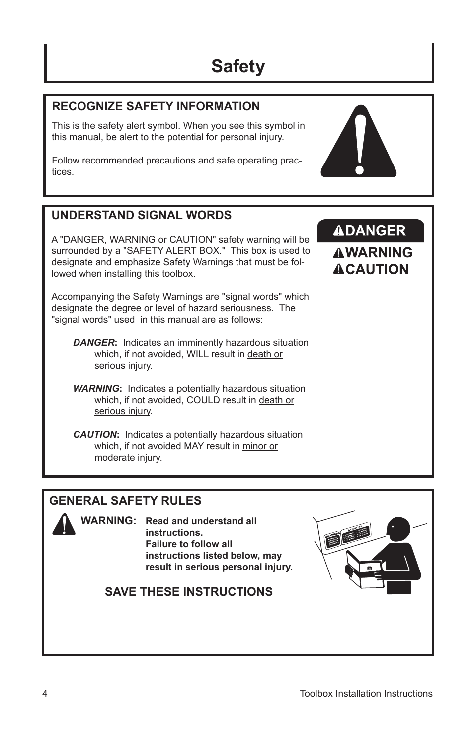 Safety, Recognize safety information, Understand signal words | General safety rules, Save these instructions | John Deere AC-6975TB-A User Manual | Page 4 / 12