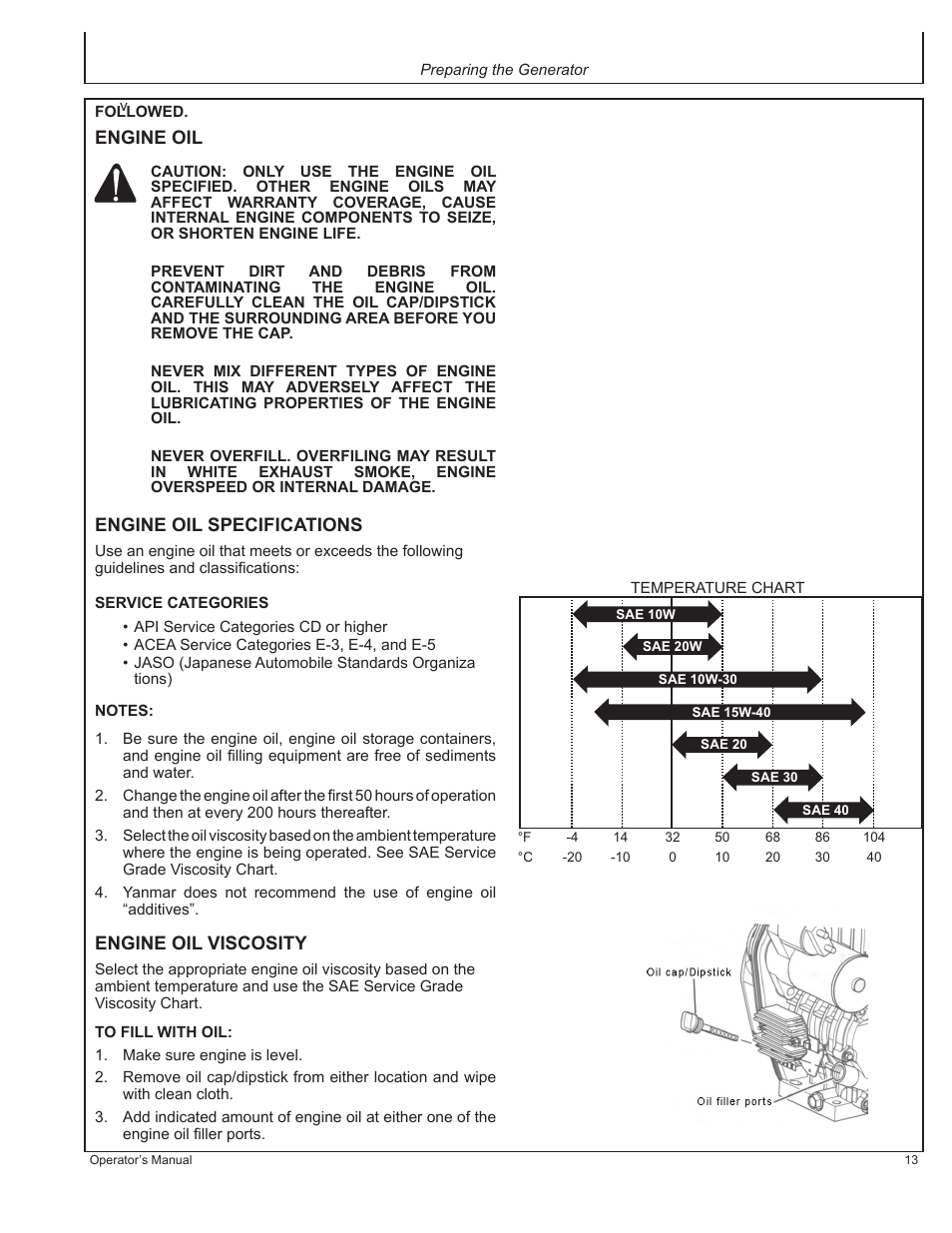 Engine oil, Engine oil specifications, Engine oil viscosity | John Deere AC-G6000DY User Manual | Page 13 / 94