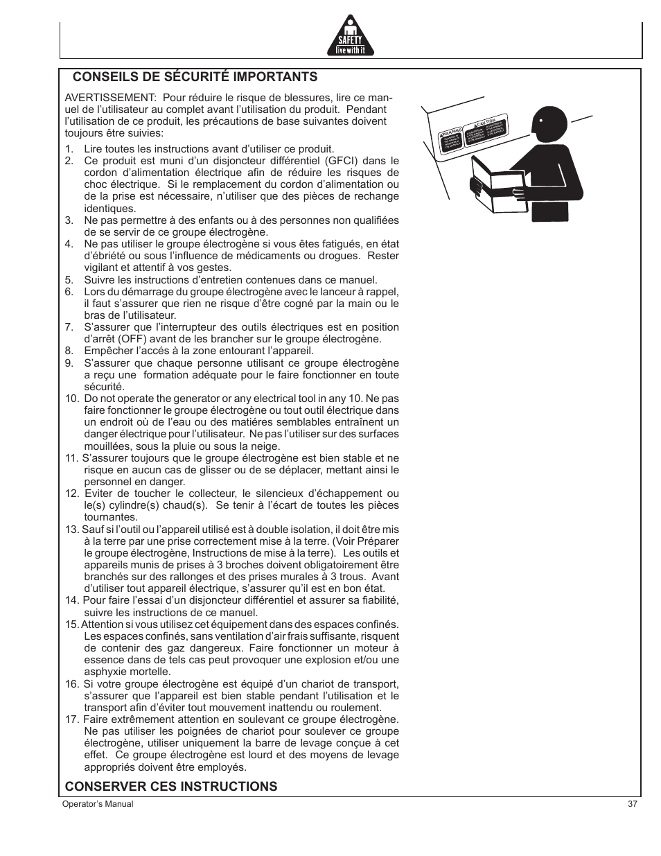 Conseils de sécurité importants, Conserver ces instructions | John Deere AC-G6000DY User Manual | Page 37 / 94