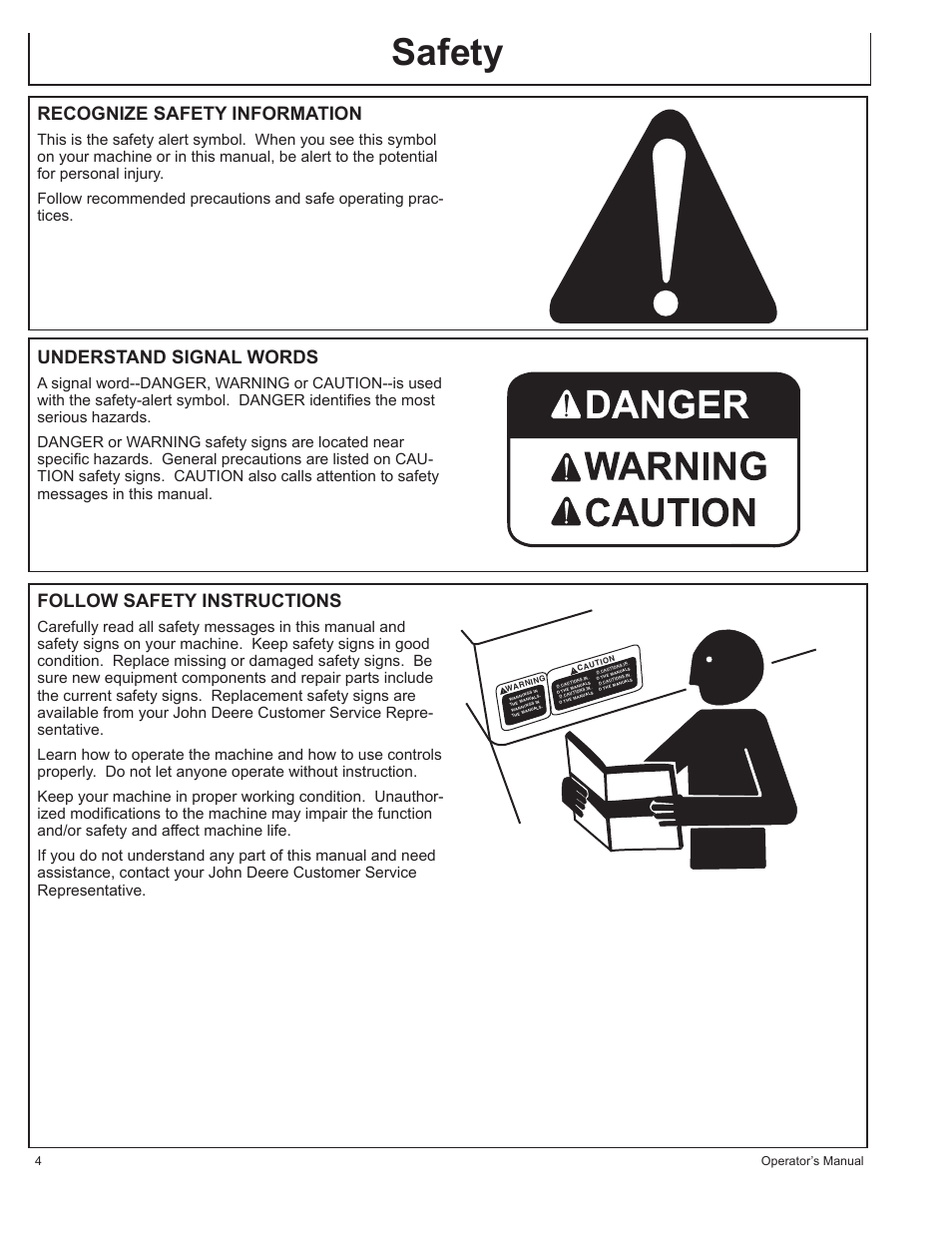 Safety, Recognize safety information, Understand signal words | Follow safety instructions, 4operator’s manual | John Deere AC-G6000DY User Manual | Page 4 / 94