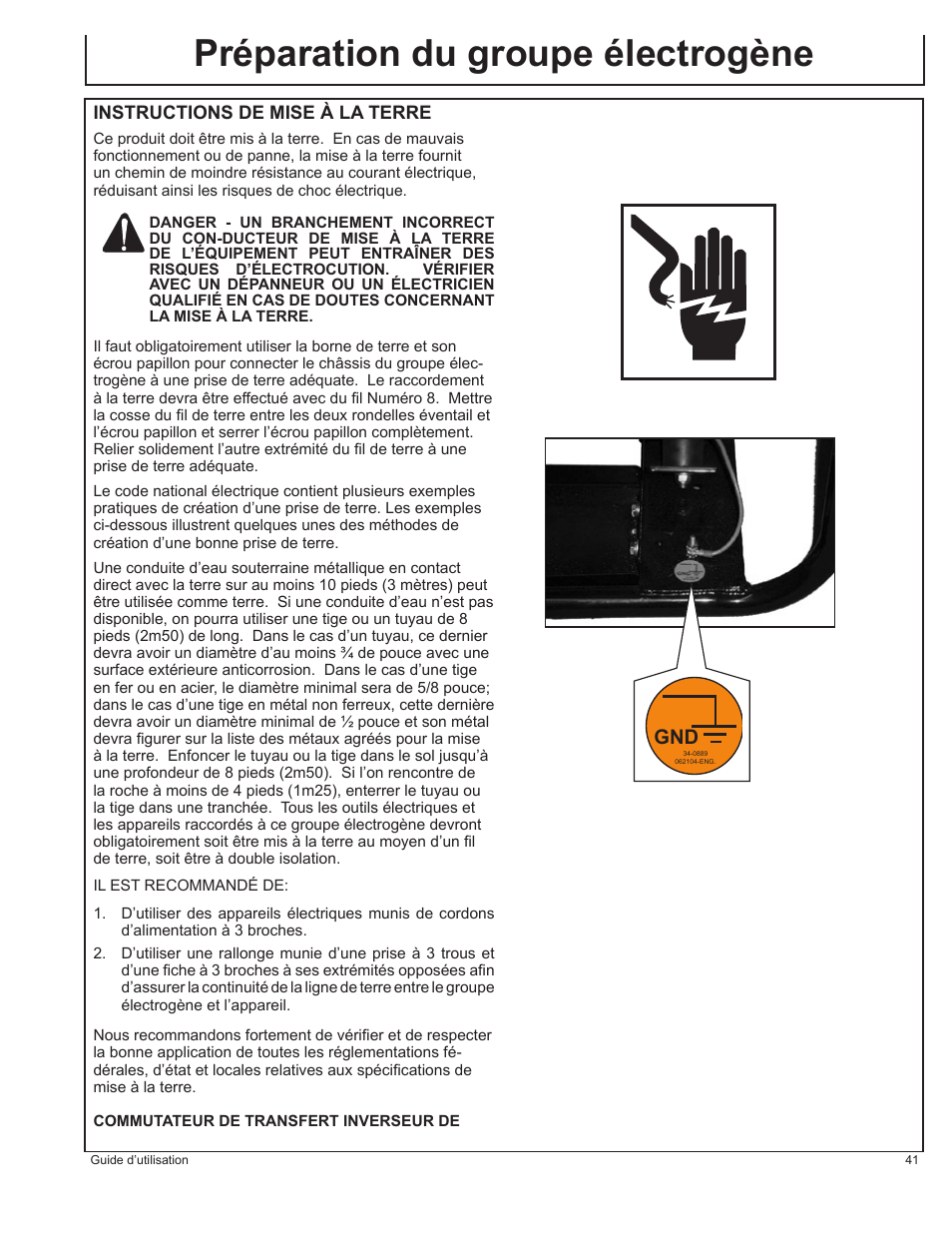 Préparation du groupe électrogène | John Deere AC-G6000DY User Manual | Page 41 / 94