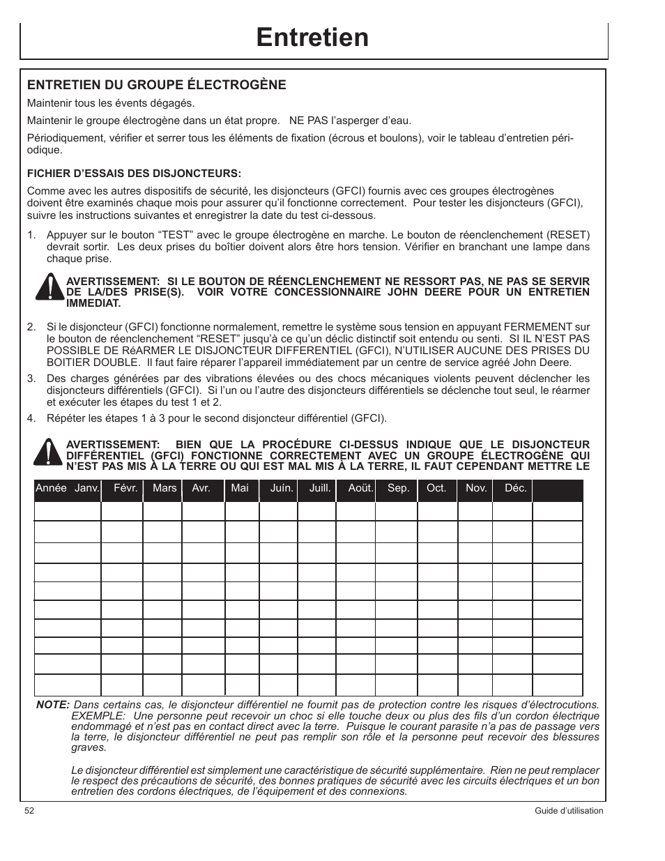 Entretien | John Deere AC-G6000DY User Manual | Page 52 / 94
