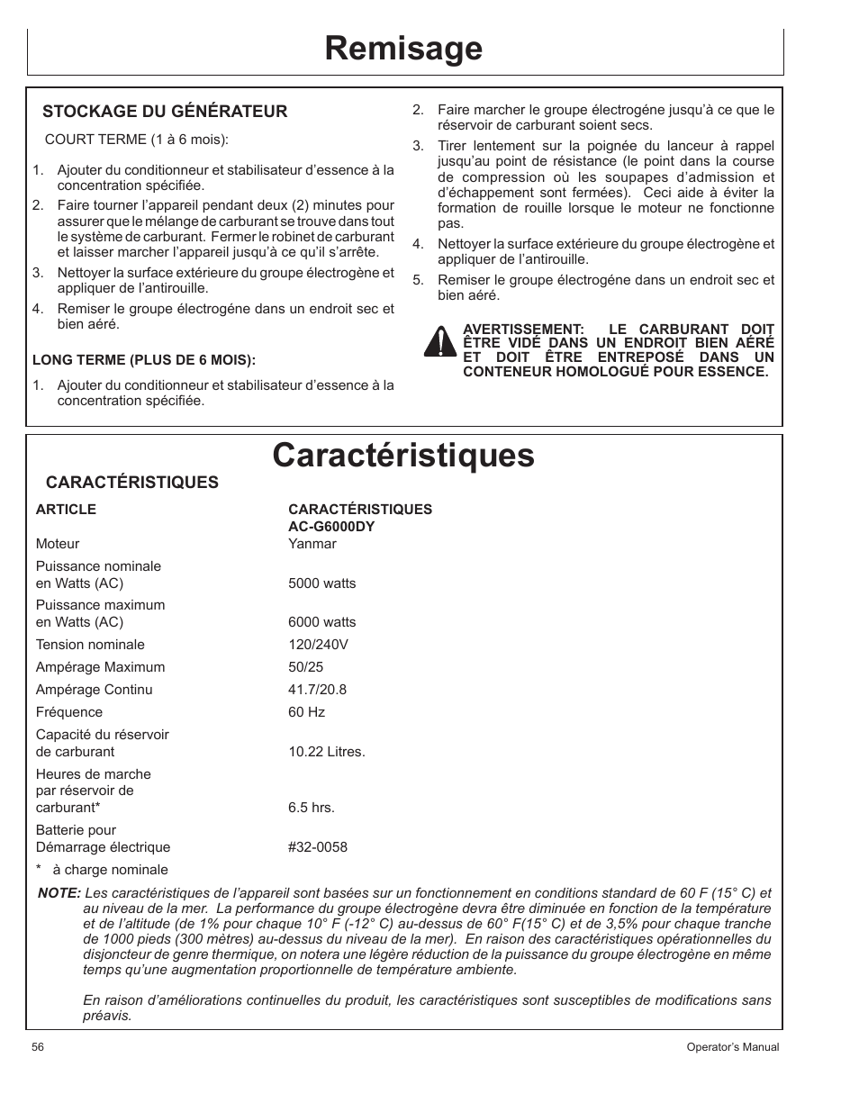 Remisage, Caractéristiques | John Deere AC-G6000DY User Manual | Page 56 / 94