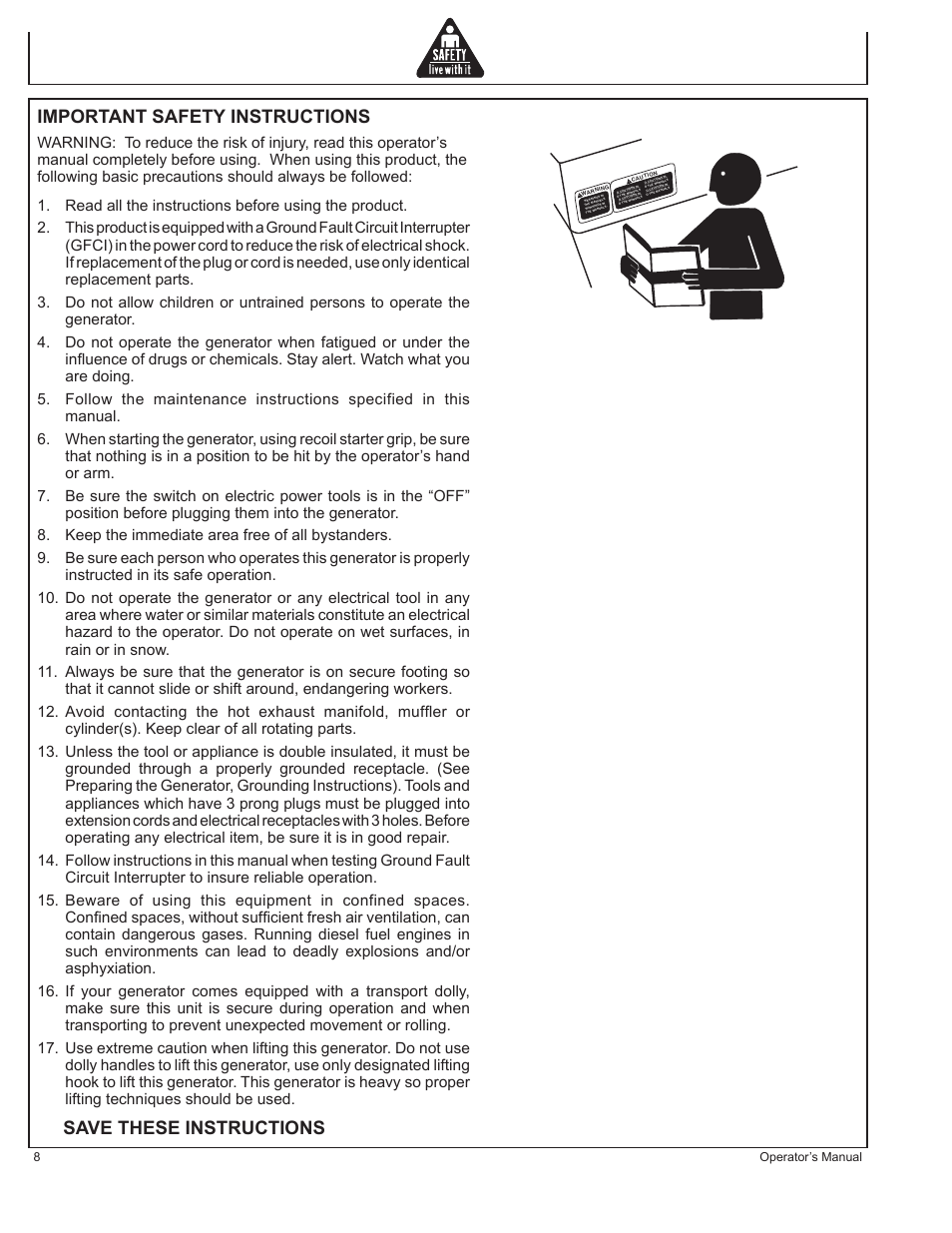 Important safety instructions, Save these instructions | John Deere AC-G6000DY User Manual | Page 8 / 94