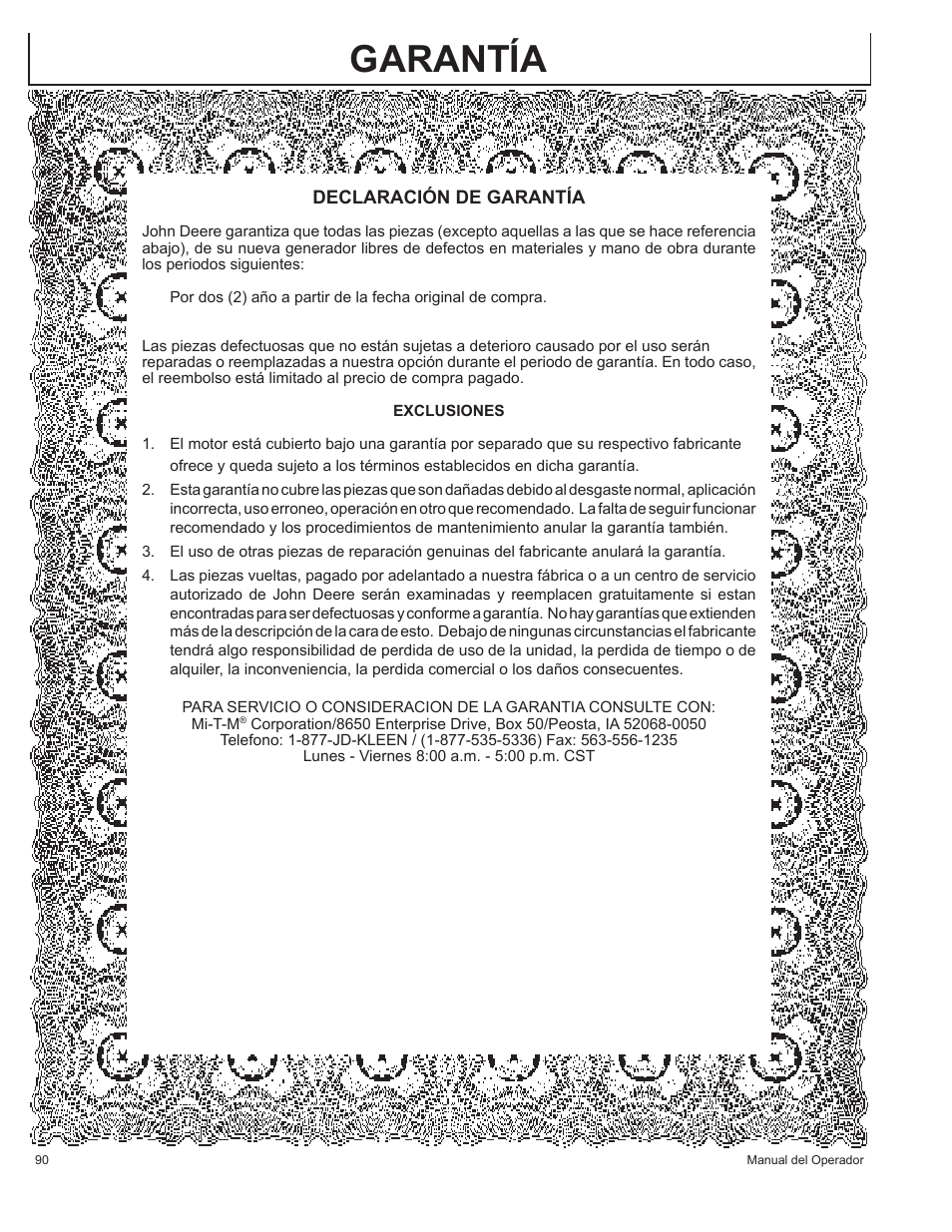 Garantía | John Deere AC-G6000DY User Manual | Page 90 / 94