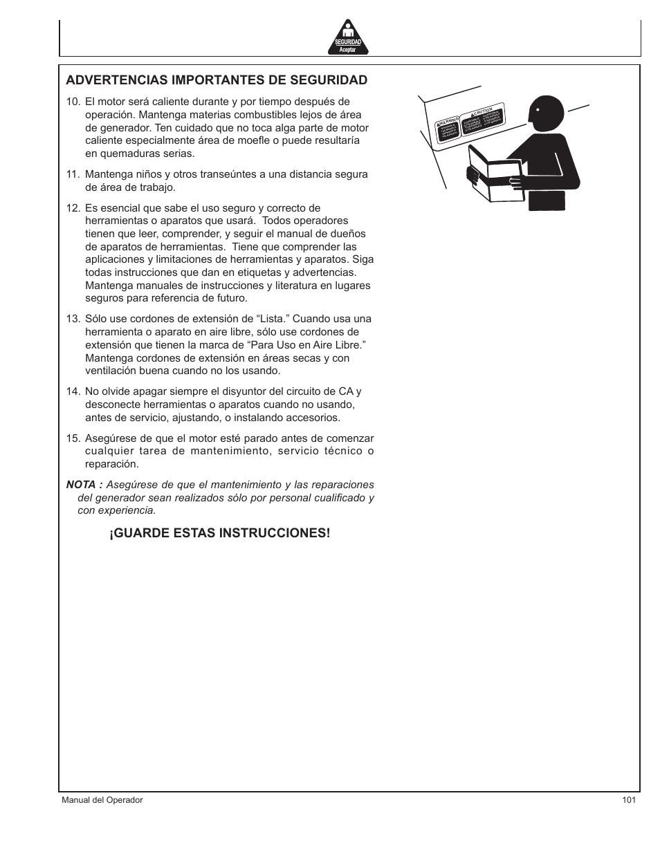 Advertencias importantes de seguridad, Guarde estas instrucciones, Manual del operador 101 | John Deere AC-G3200i User Manual | Page 101 / 132