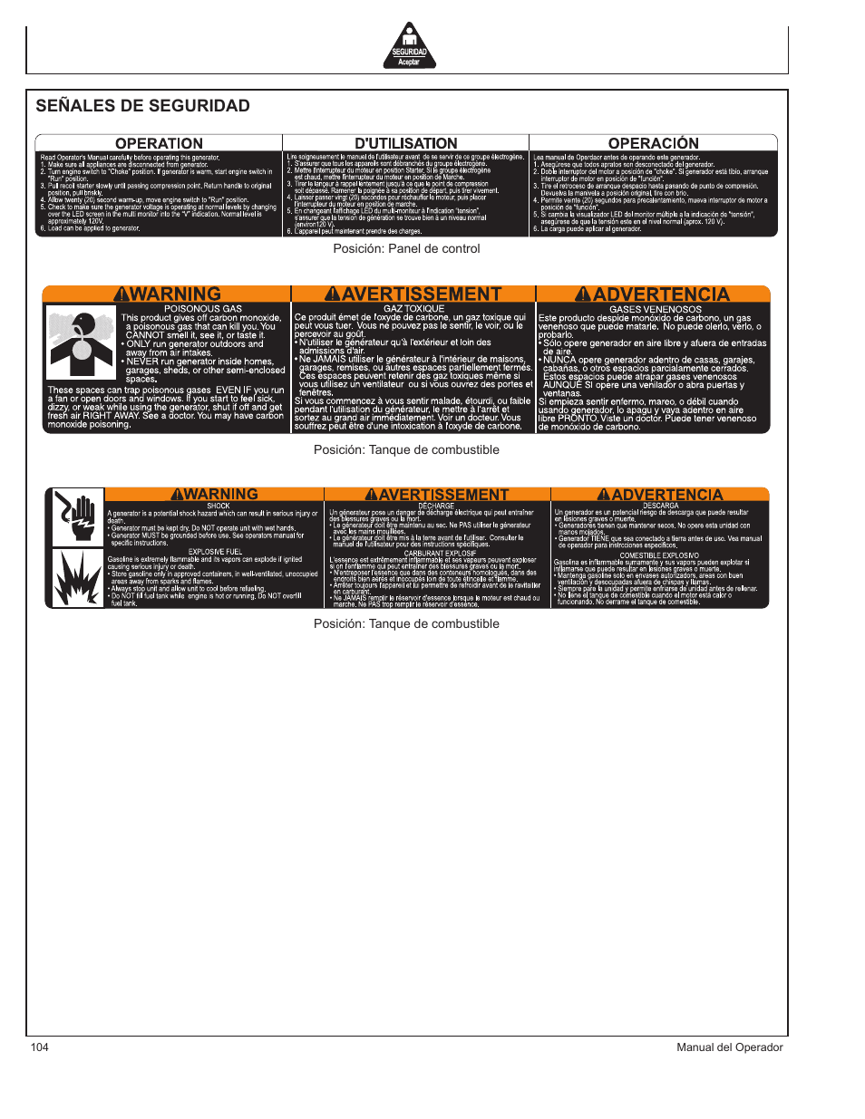Señales de seguridad | John Deere AC-G3200i User Manual | Page 104 / 132
