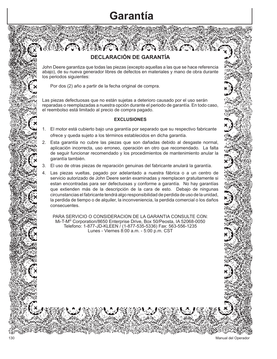 Garantía | John Deere AC-G3200i User Manual | Page 130 / 132