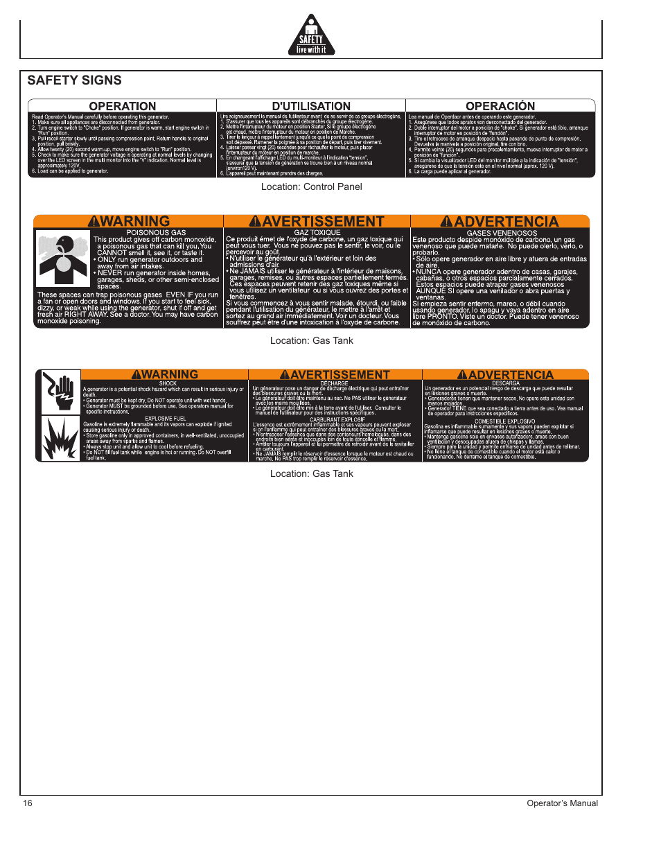 Safety signs | John Deere AC-G3200i User Manual | Page 16 / 132