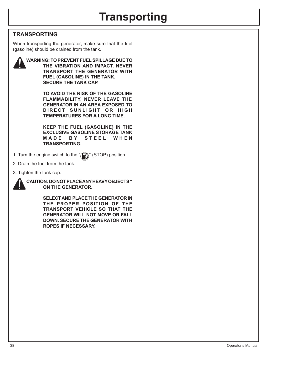 Transporting | John Deere AC-G3200i User Manual | Page 38 / 132
