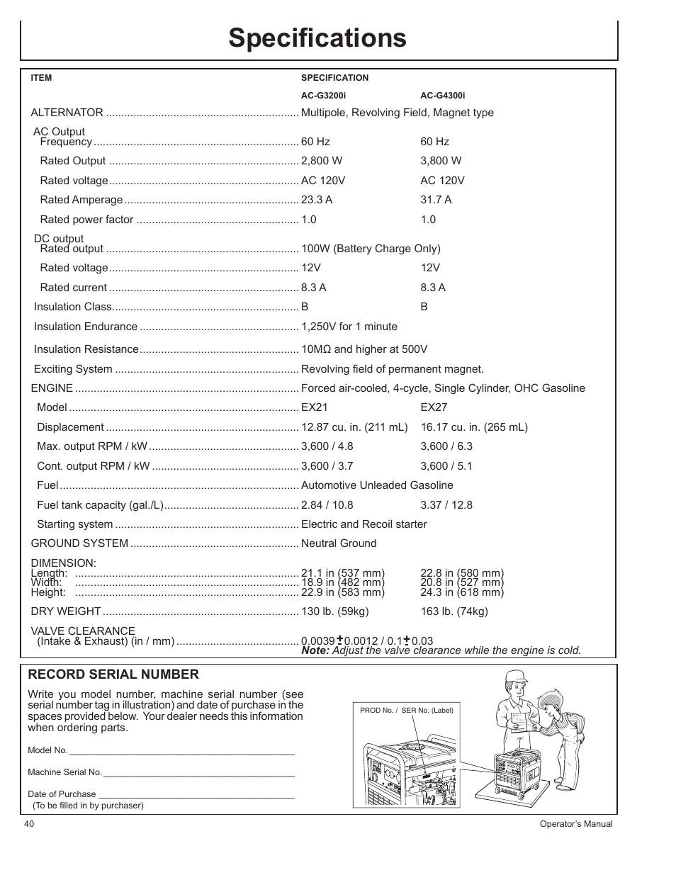 Speciﬁcations | John Deere AC-G3200i User Manual | Page 40 / 132