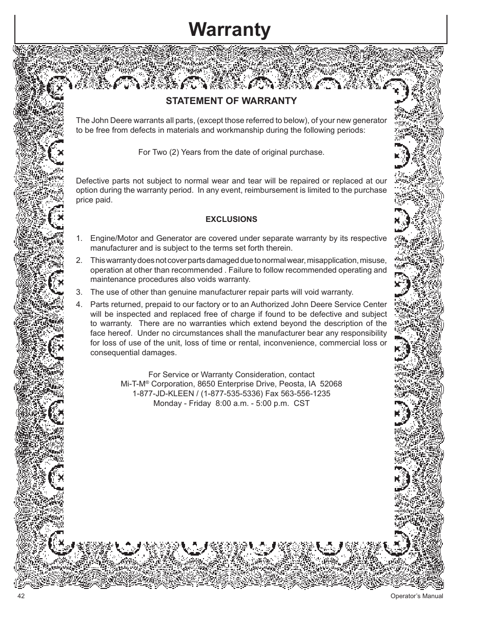 Warranty | John Deere AC-G3200i User Manual | Page 42 / 132