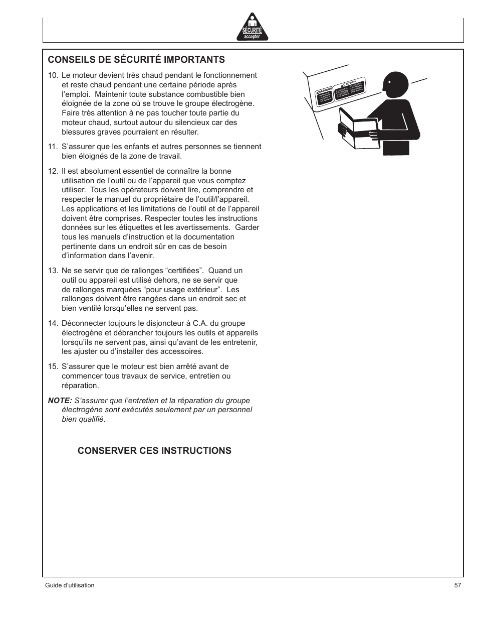 Conseils de sécurité importants, Conserver ces instructions, Guide d’utilisation 57 | John Deere AC-G3200i User Manual | Page 57 / 132